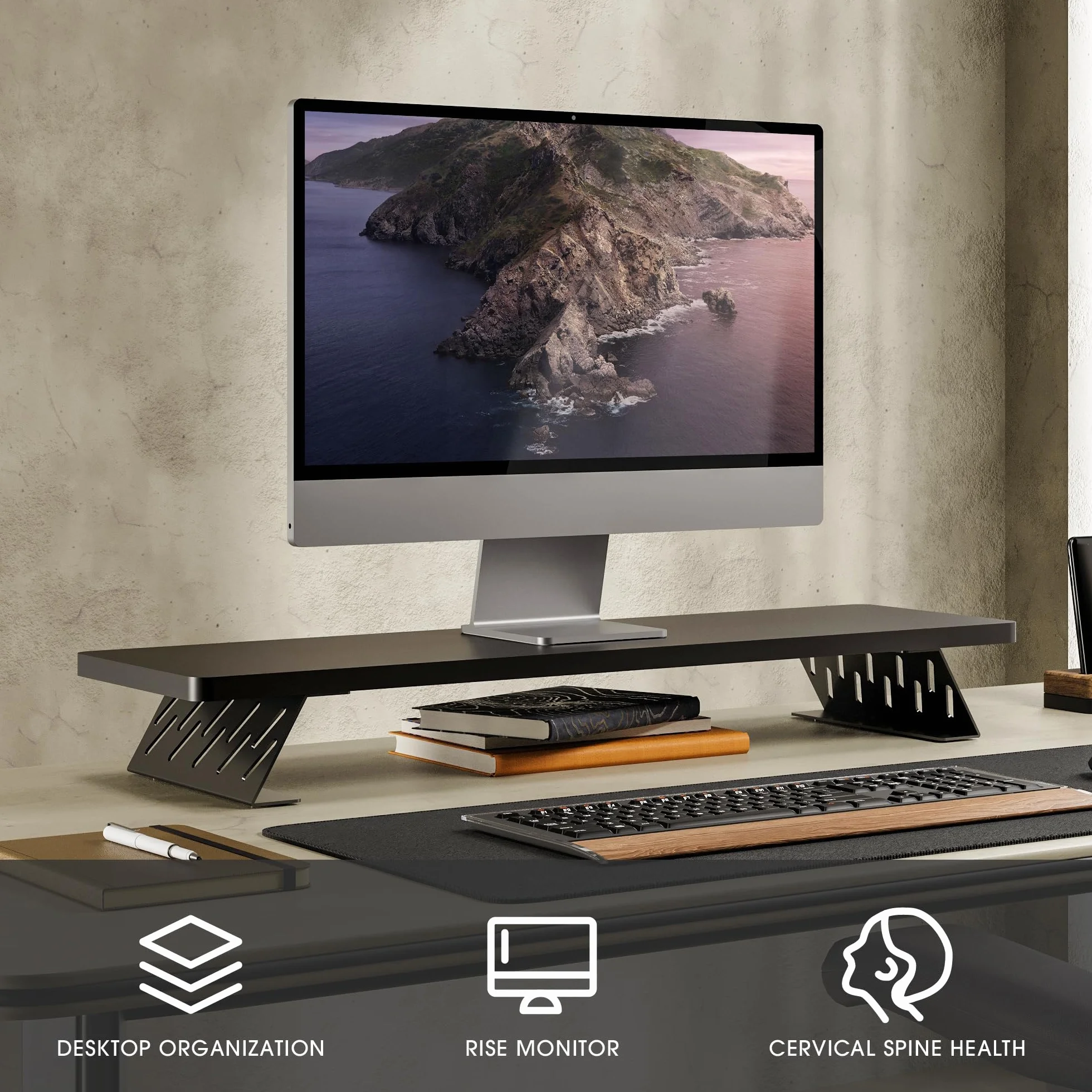 Fenge Supporto per Doppio Monitor in Legno, Organizer Ergonomico per Scrivania per PC, Laptop Stampante, L80xW23,5 xH10cm Capacità di Carico 25KG Nero