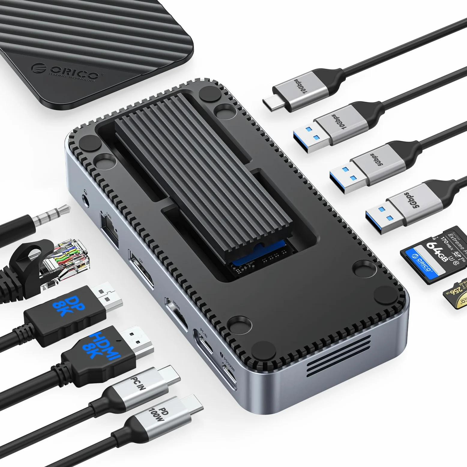 ORICO Hub C 11 in 1 con alloggiamento SSD M.2, docking station con ventilatore, HDMI, DP, Gigabit Ethernet, PD, SD/TF, audio/microfono, 10 Gbps e 2x5 Gbps