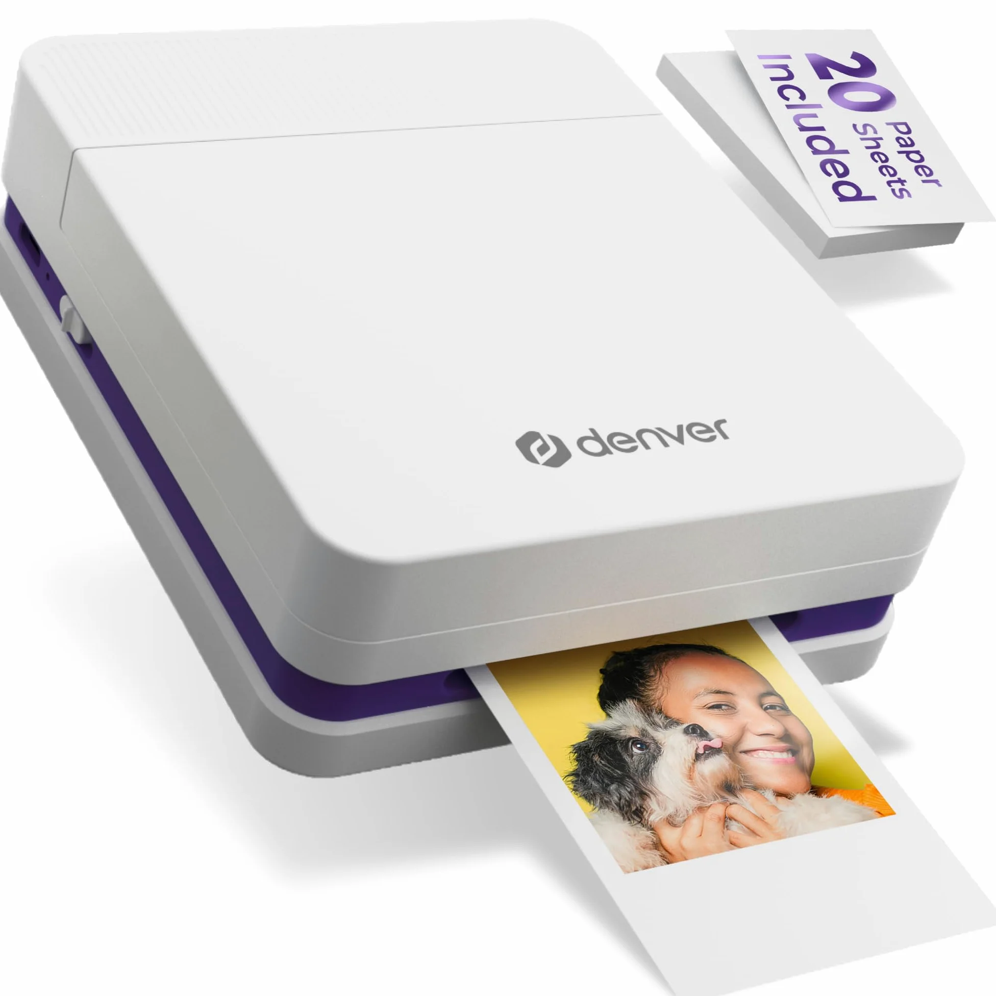 Denver MCP-6010 Mini stampante fotografica per smartphone, stampante portatile a colori con Bluetooth 5.2, 600 DPI, iOS e Android, stampante fotografica portatile con batteria, cartuccia e set di 20