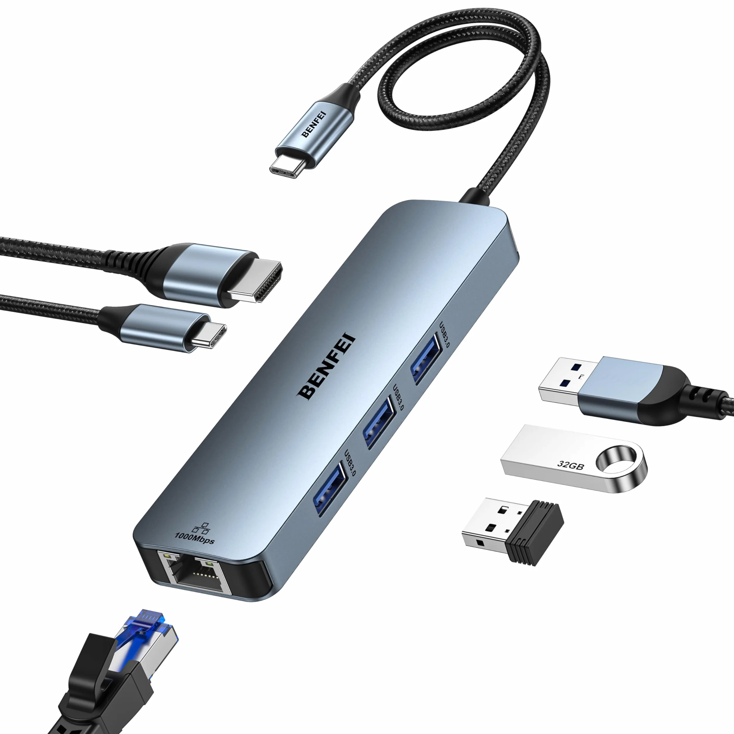 BENFEI 6-in-1 HUB USB C con HDMI 4K@60Hz/Gigabit Ethernet/100W PD alimentazione/3*USB A 5Gbps [cavo in silicone custodia in alluminio] compatibile con iPhone 15 Pro/Max MacBook iPad Pro iMac S23 XPS17