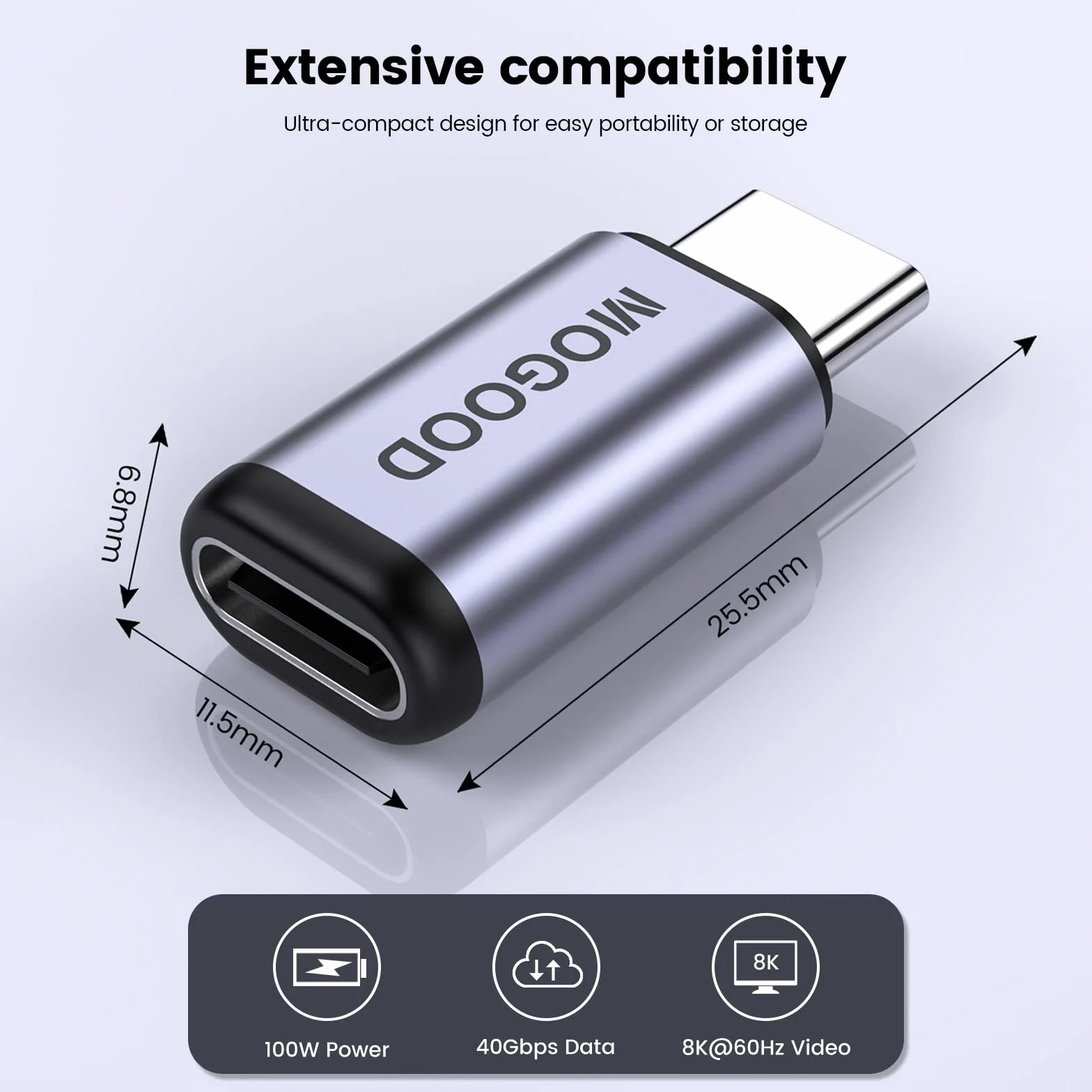MOGOOD USB C Adattatore da maschio a femmina, supporto da 100W Fast Charging 40 Gbps Trasferimento di dati 8K@60Hz Video output per USB4,Thunderbolt 4/3,laptop,vapore Dock,switch,tablet, telefono