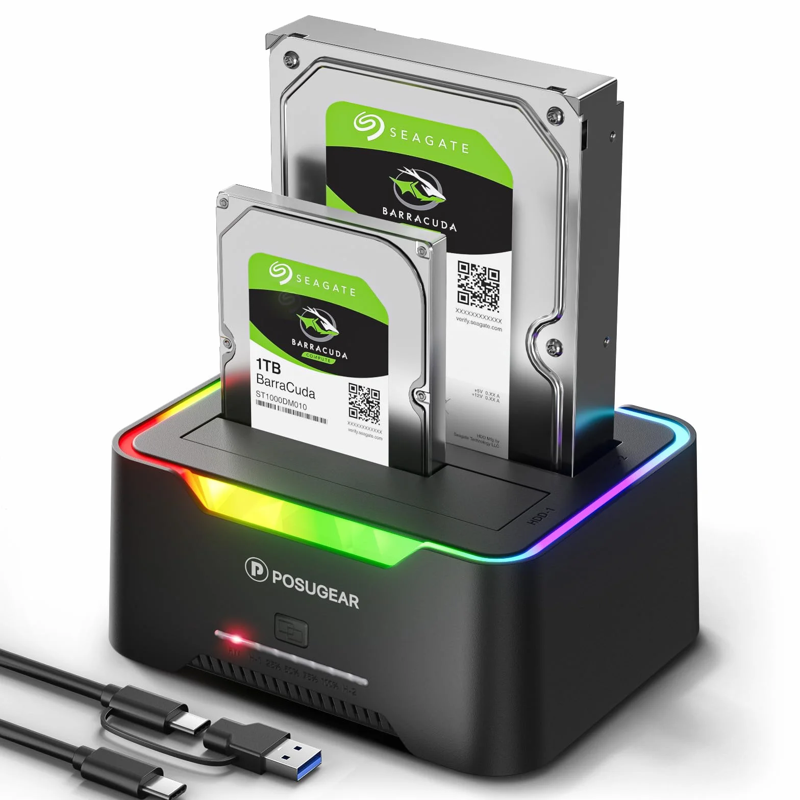 POSUGEAR Hard Disk Docking Station USB 3.2 Gen 1 per HDD/SSD SATA da 2,5 e 3,5 Pollici, Doppio Alloggiamento Dock per Disco Rigido Fino a 40TB con UASP e Cavo 2-in-1 Supporto Clonazione Offline