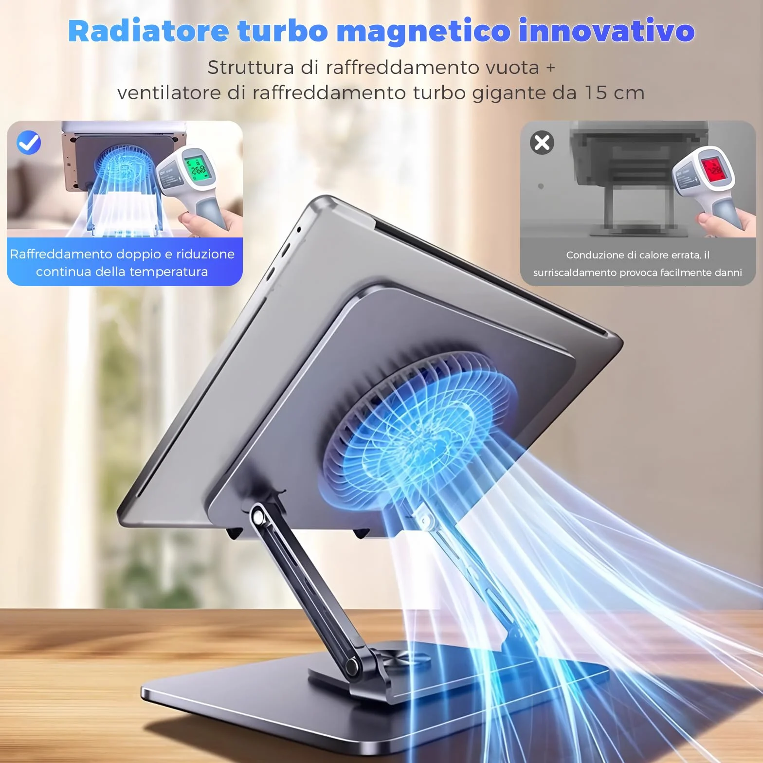 Supporto per laptop in alluminio, girevole a 360°, pieghevole, con ventola magnetica per raffreddamento, compatibile con MacBook e dispositivi da 10 a 17,3 pollici (grigio scuro)