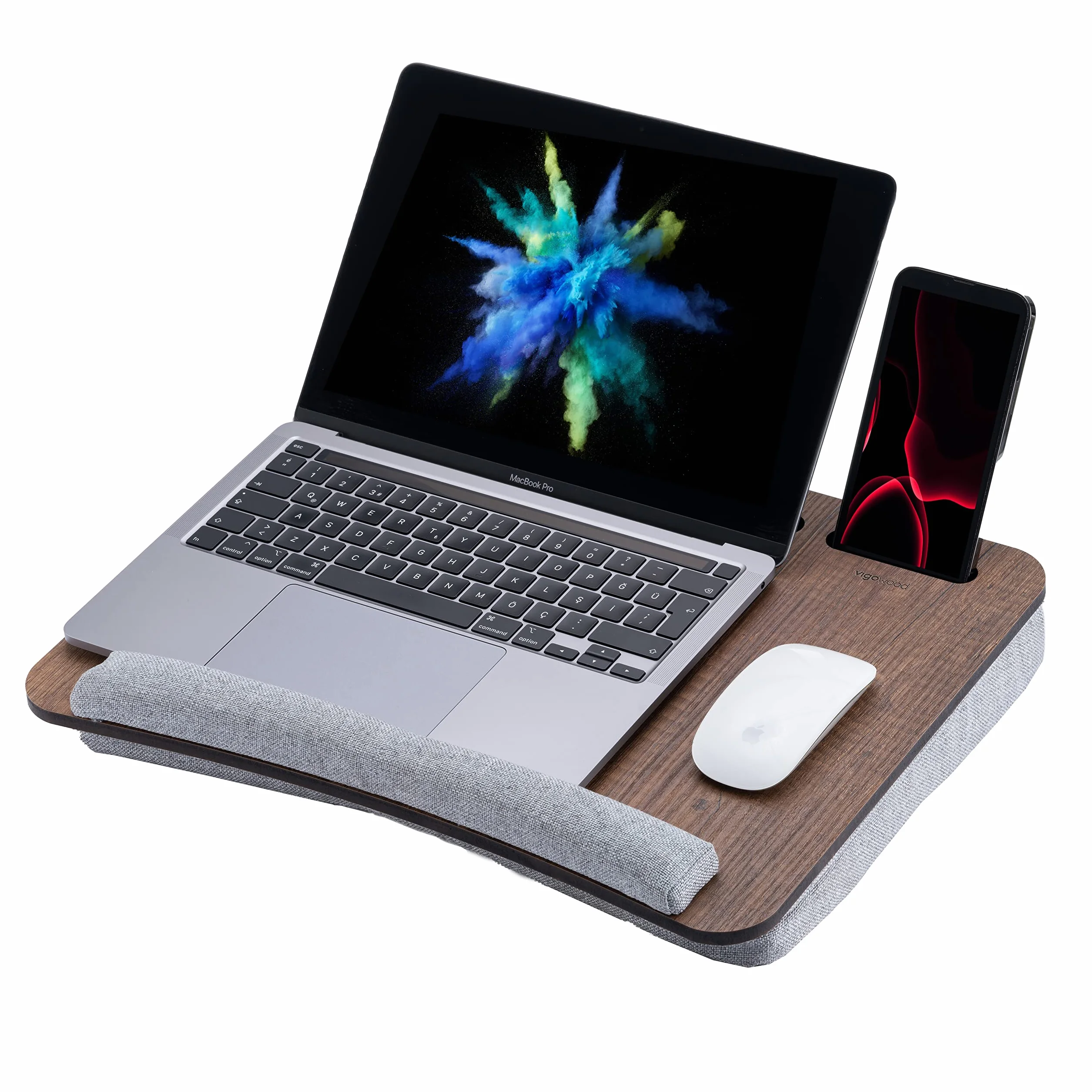 Vigo Wood Scrivania Portatile su Grembo con Cuscino,Vassoio Morbido da Divano per Ufficio Domestico, Leggero e Portatile con Poggiapolso, Adatto per Laptop,Tablet fino a 15.6'' e Supporto per Telefono
