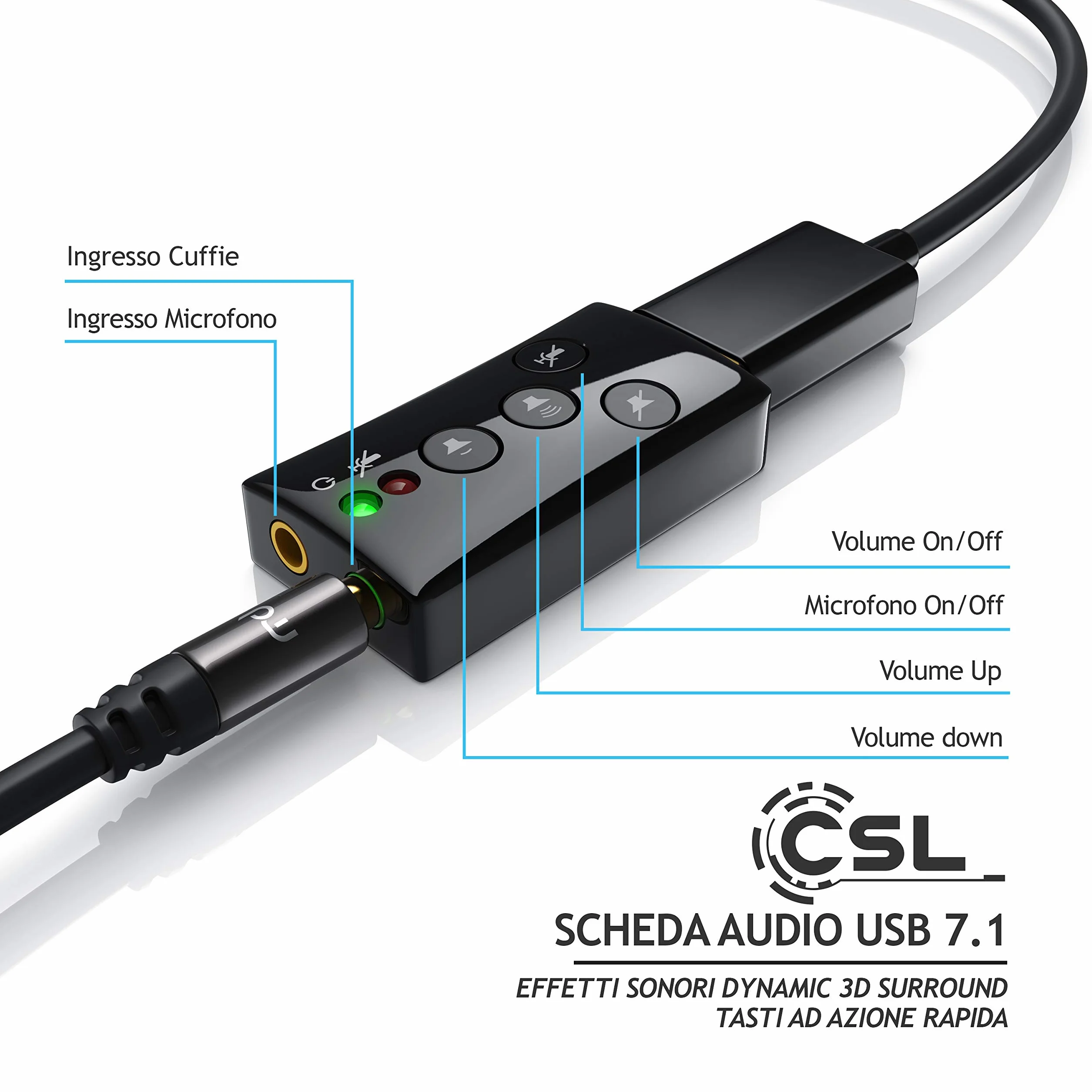 CSL - Scheda Audio USB Esterna Windows Mac Linux- 1x Ingresso Microfono 1x Uscita Cuffie - Dynamic 3D Surround Sound 7.1-4 Tasti Funzione Mic mute, Audio OFf, Volume - LED