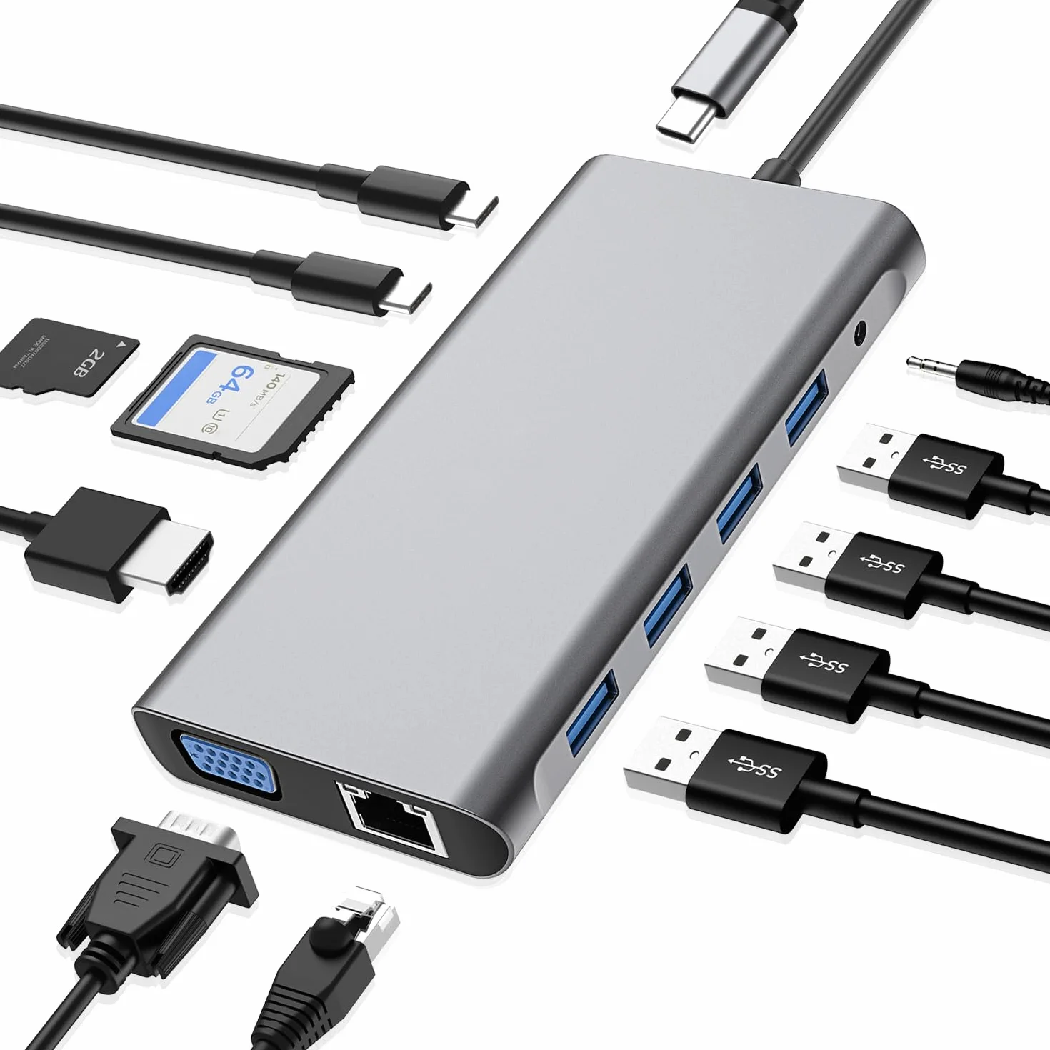 HUB USB C, Docking Station 12 in 1 con 4K HDMI, VGA, 3*USB 2.0, USB3.0, USB C Data, PD3.0, Porta Ethernet RJ45, SD/TF, AUX da 3,5 mm, Compatibile con MacBook Pro/Air, Altri Dispositivi di Tipo C