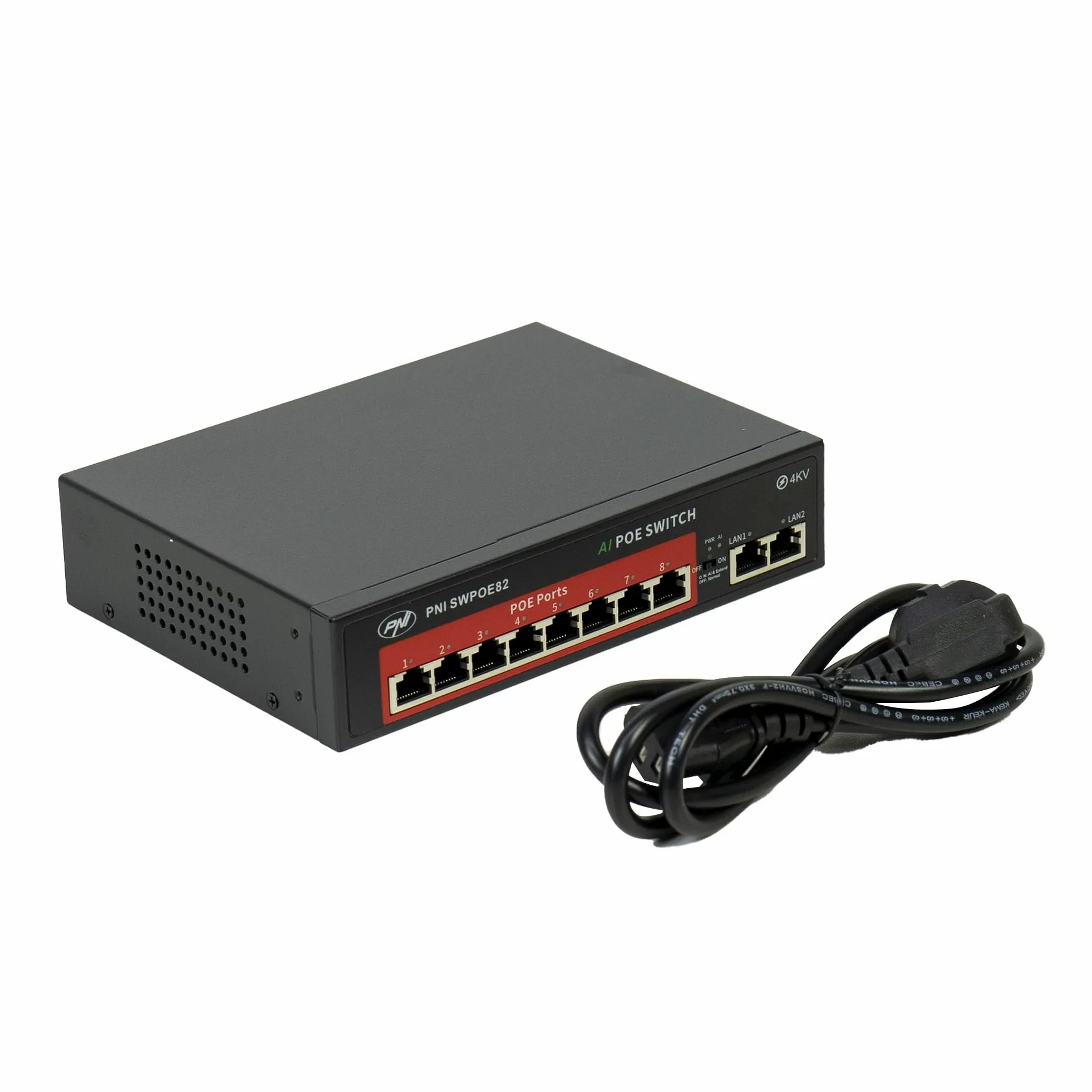 Switch POE SWPOE82 PNI, 8 porte POE da 100 Mbps e 2 porte UP Link da 100 Mbps, 120 W, funzione AI Extend fino a 250 m, protezione contro i fulmini da 4 kV