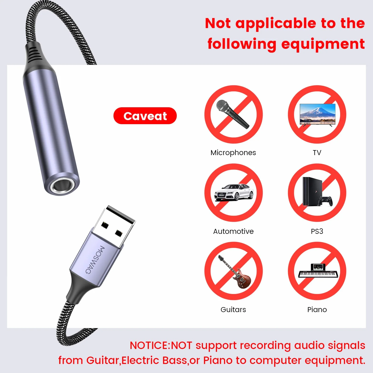 MOSWAG Adattatore Audio USB a Jack 6.35mm, AUX per Cuffie Con Scheda Audio Esterna Compatibile Con Laptop, PC, Amplificatore, Altoparlante