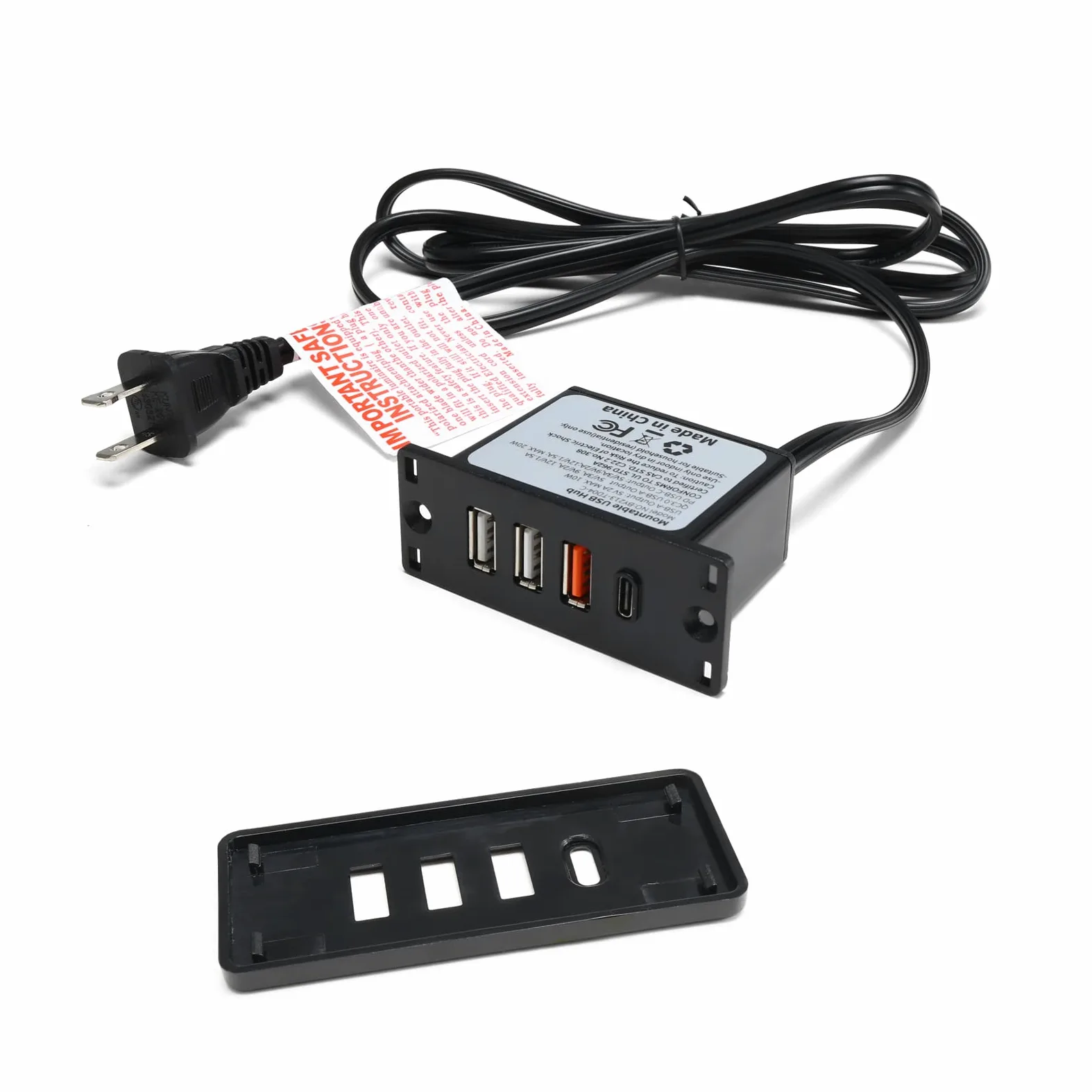 Alimentazione USB C Hub Presa da incasso USB C Ciabatta con Ricarica Rapida 4 porte USB 20 W Montata a letto Scrivania Divano (Nero)