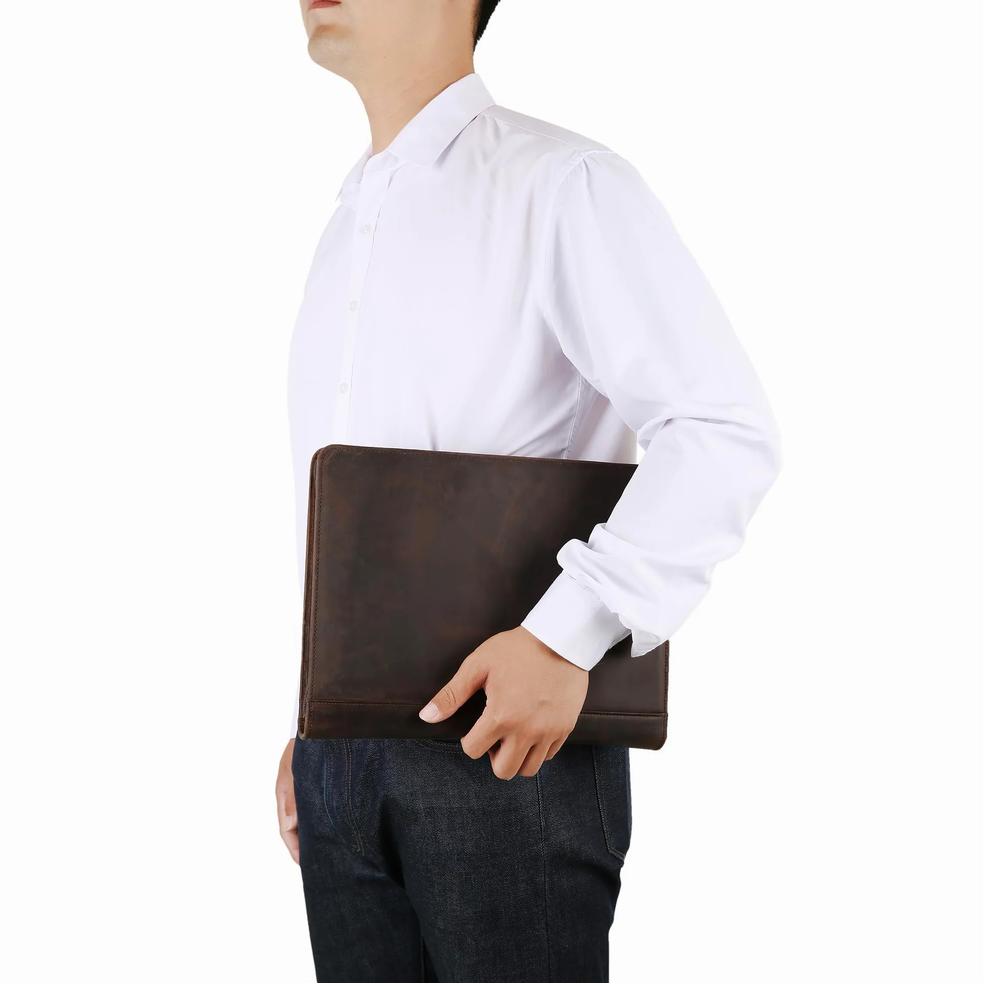 Portadocumenti fatto a mano in vera pelle per iPad/documenti, business padfolio con porta blocco note in pelle A4, cartella compatta in pelle per conferenze per uomini e donne, cachi scuro