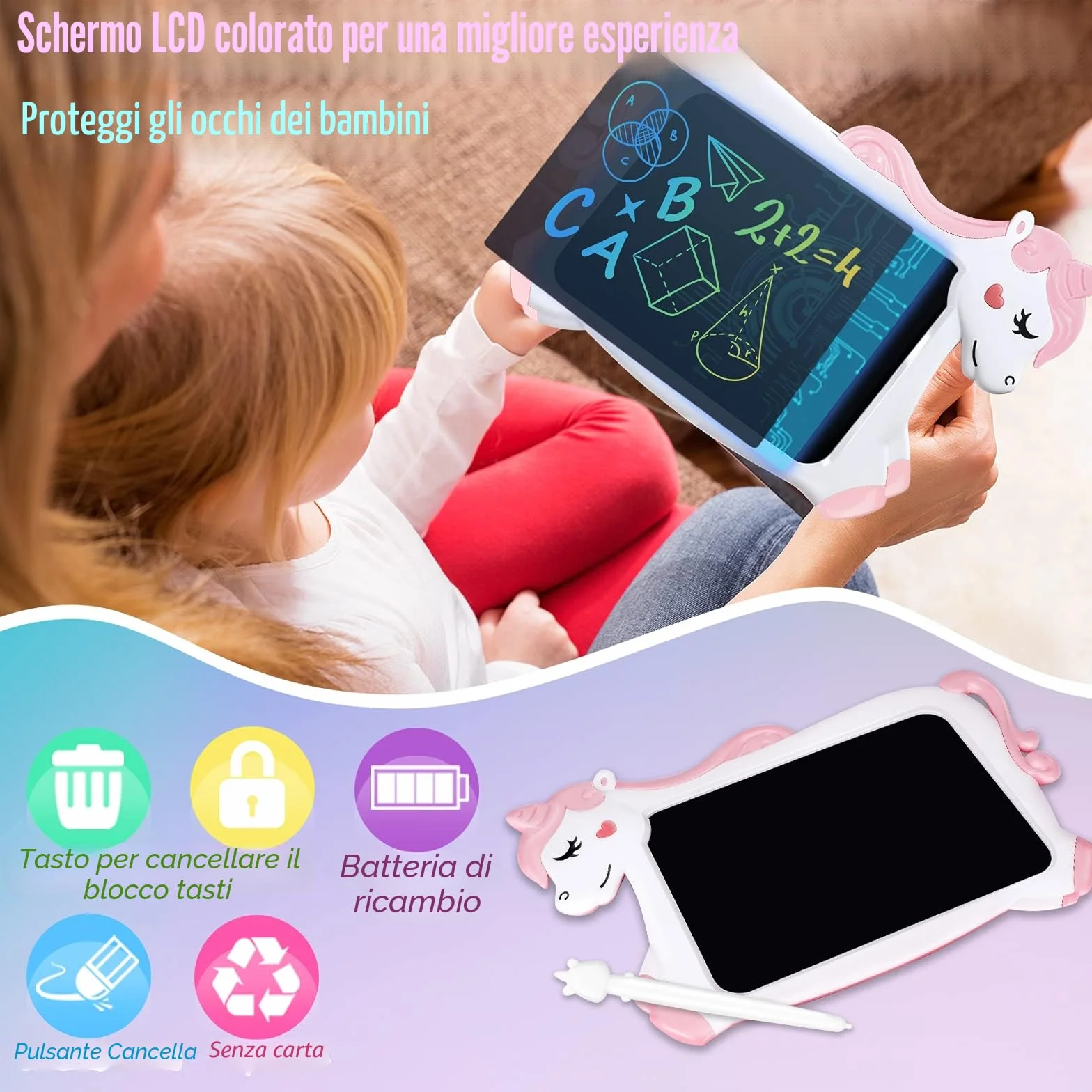 Unicorno Bambina Regalo Tavoletta Grafica - LCD Lavagna per Bambini 10 Pollice, Idee Regalo Bambina Giochi Bambini 3 4 5 6 7 + Anno Lavagnetta Tablet per Disegnare Gioco Giocattoli Idee Regali Natale