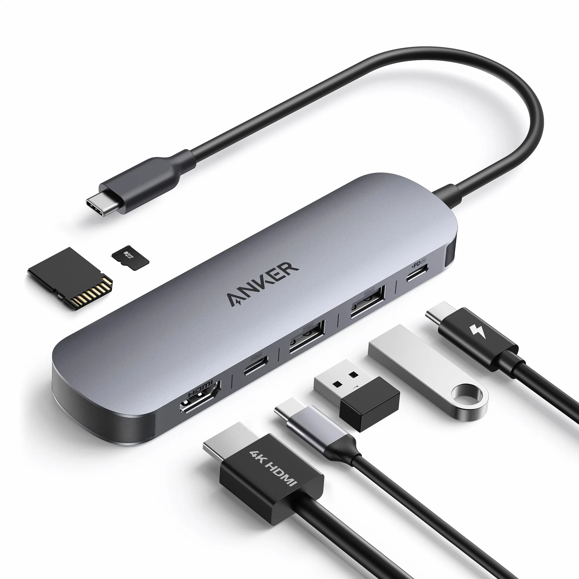 Anker Hub USB C 7 in 1, Adattatore Type C Multiporta per Laptop, Splitter USB HDMI 4K60Hz, Potenza Massima 100W, 3Porte Tipo A/Tipo C 3.0, Scheda SD/TF, per Dispositivi Type C(Senza Alimentatore)