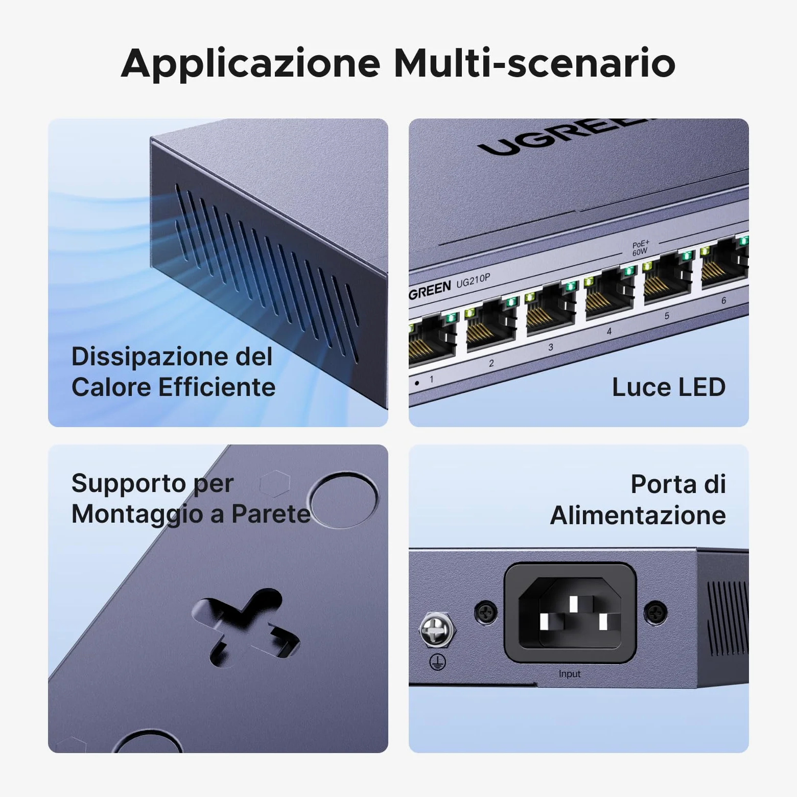 UGREEN 10 Porte Gigabit PoE LAN Switch con 8 PoE Switch + 2 Gigabit-Uplink 60W Potenza Totale per tutte le Porte PoE, Switch di Rete ideale per NVR, Telecamere IP, Non Gestito con Carcassa Metallica