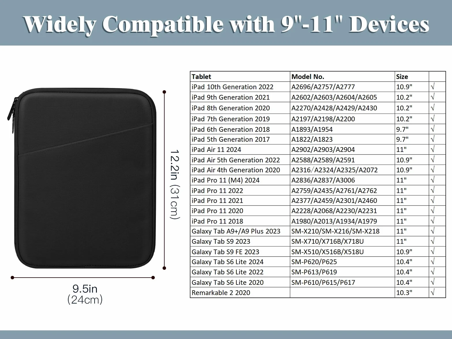 TiMOVO 9-11" Custodia per Tablet, Compatibile con iPad 11" A16 2025, iPad 10,9"/10,2"| Air 11", Galaxy Tab A9+ / A11 Plus 11", Borsa Protettiva con Tasche, Nero