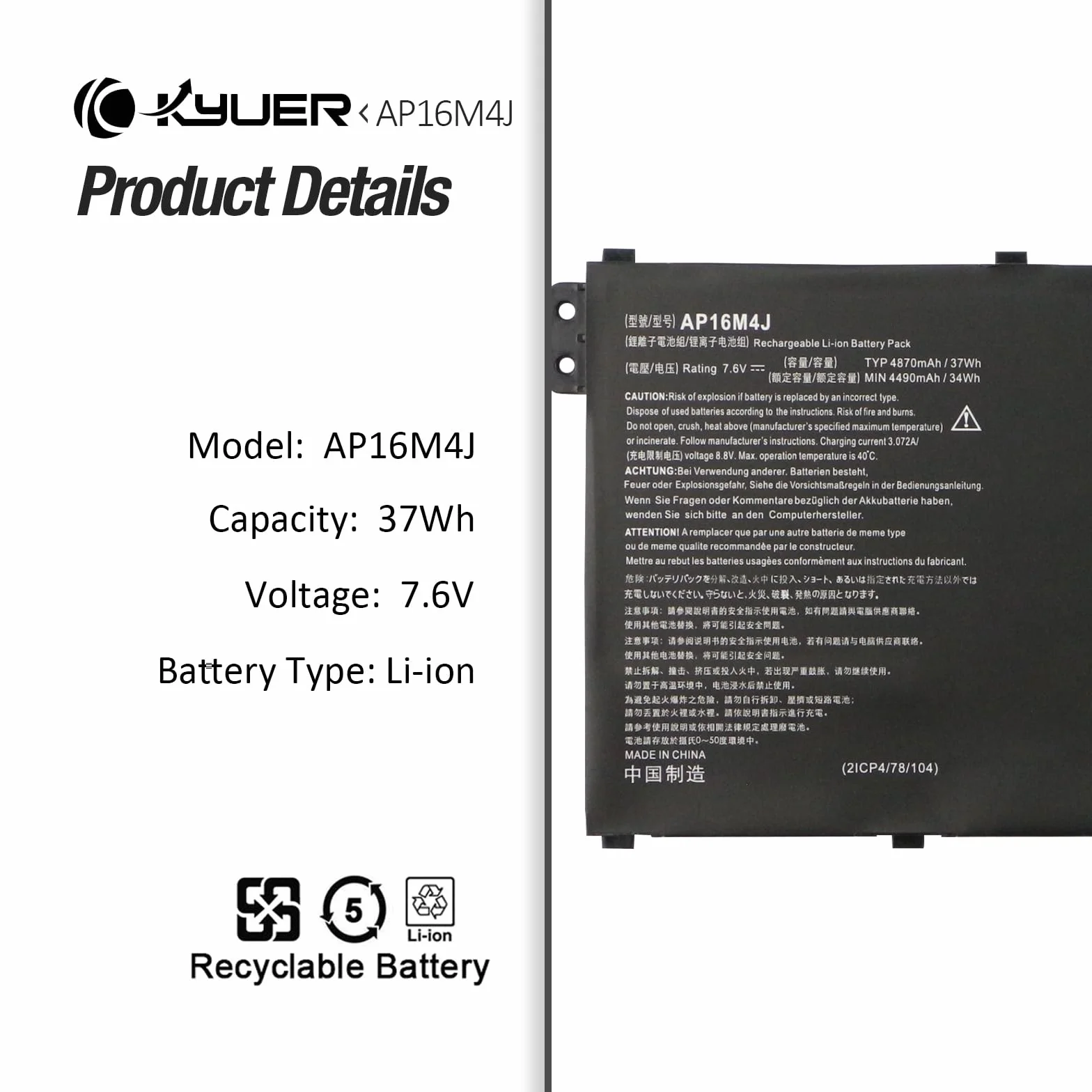 K KYUER 37Wh 4870mAh AP16M4J Batteria per Acer Aspire 3 A317-33 A314-21 A314-22 Serie A317-33-P77P A317-33-P7MK A317-33-P7XT A317-33-P059 A317-33-P0KU A317-33-P1SQ A317-33-P2SN A317-33-P35Q Battery
