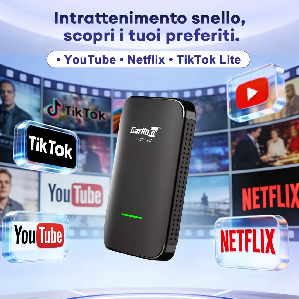 Carlinkit Adattatore CarPlay CP2A Pro senza fili - Supporta lo streaming di Netflix/YouTube/TikTok Lite per auto CarPlay cablate di fabbrica, dongle Android senza fili e per auto, USB-A/C