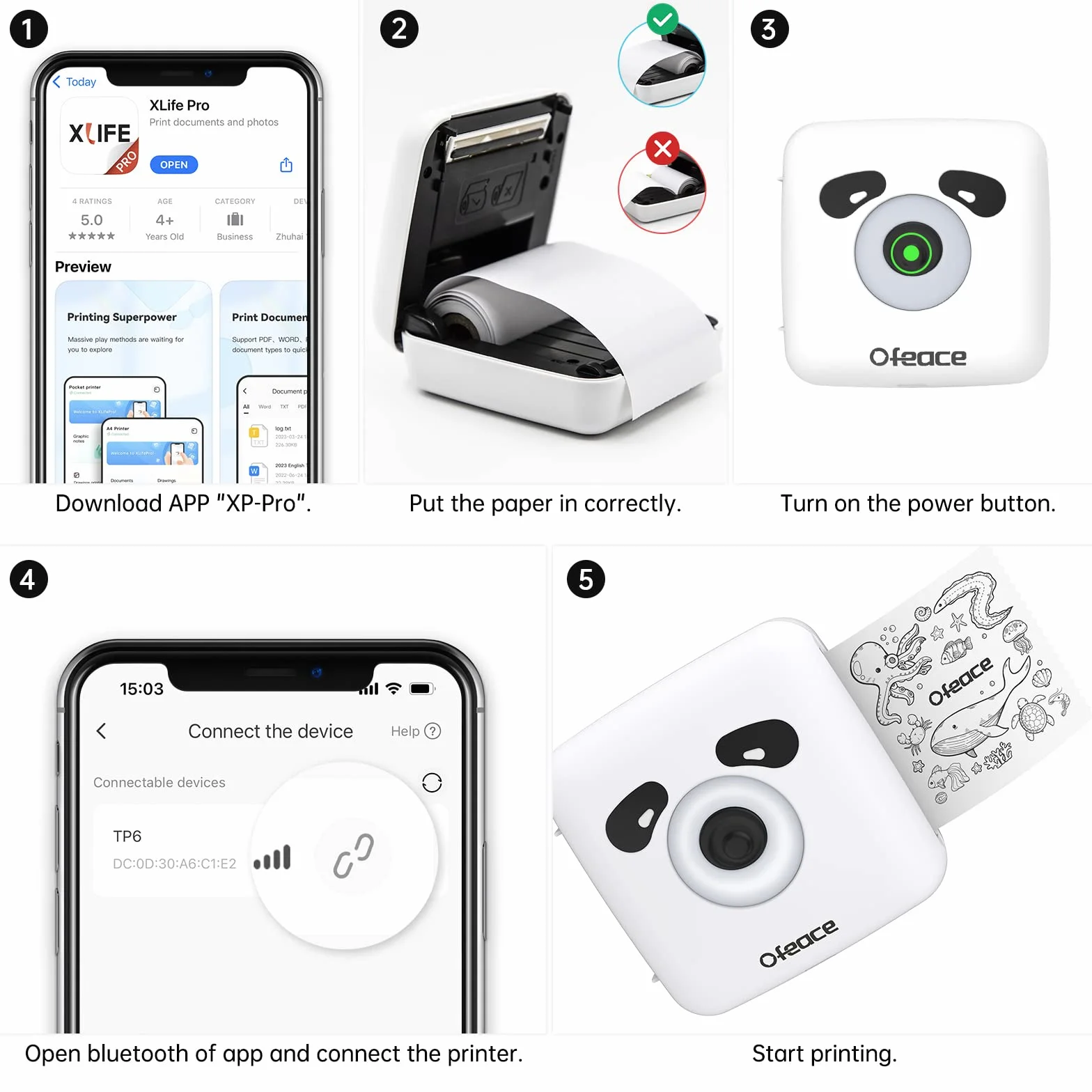 Stampante per foto portatile, mini stampante portatile, stampa termica, 300 dpi, connessione rapida 1 s, 1100 mAh, etichetta di ricevuta, nota, adesivo, codice QR, Android e iOS, Panda Design