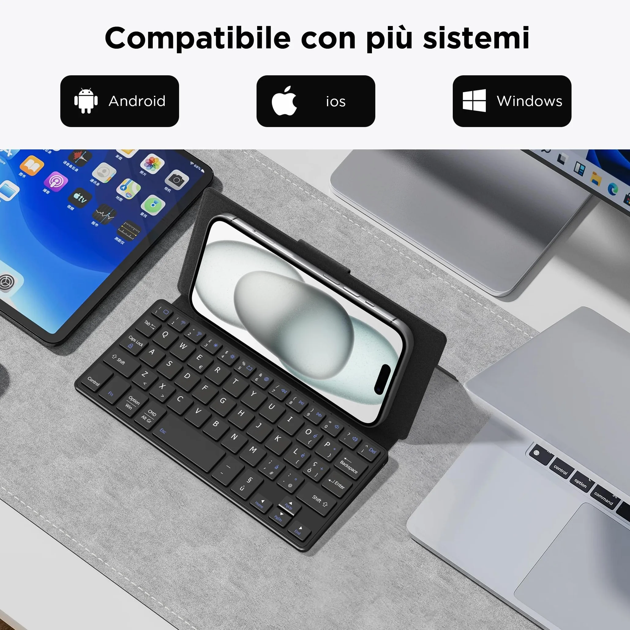 CACOE Tastiera Bluetooth Con Supporto, Mini Portatile Super Leggero, Pieghevole, A Doppio Canale per Cellulare, Smartphone e Altro iOS Android Windows, Nero