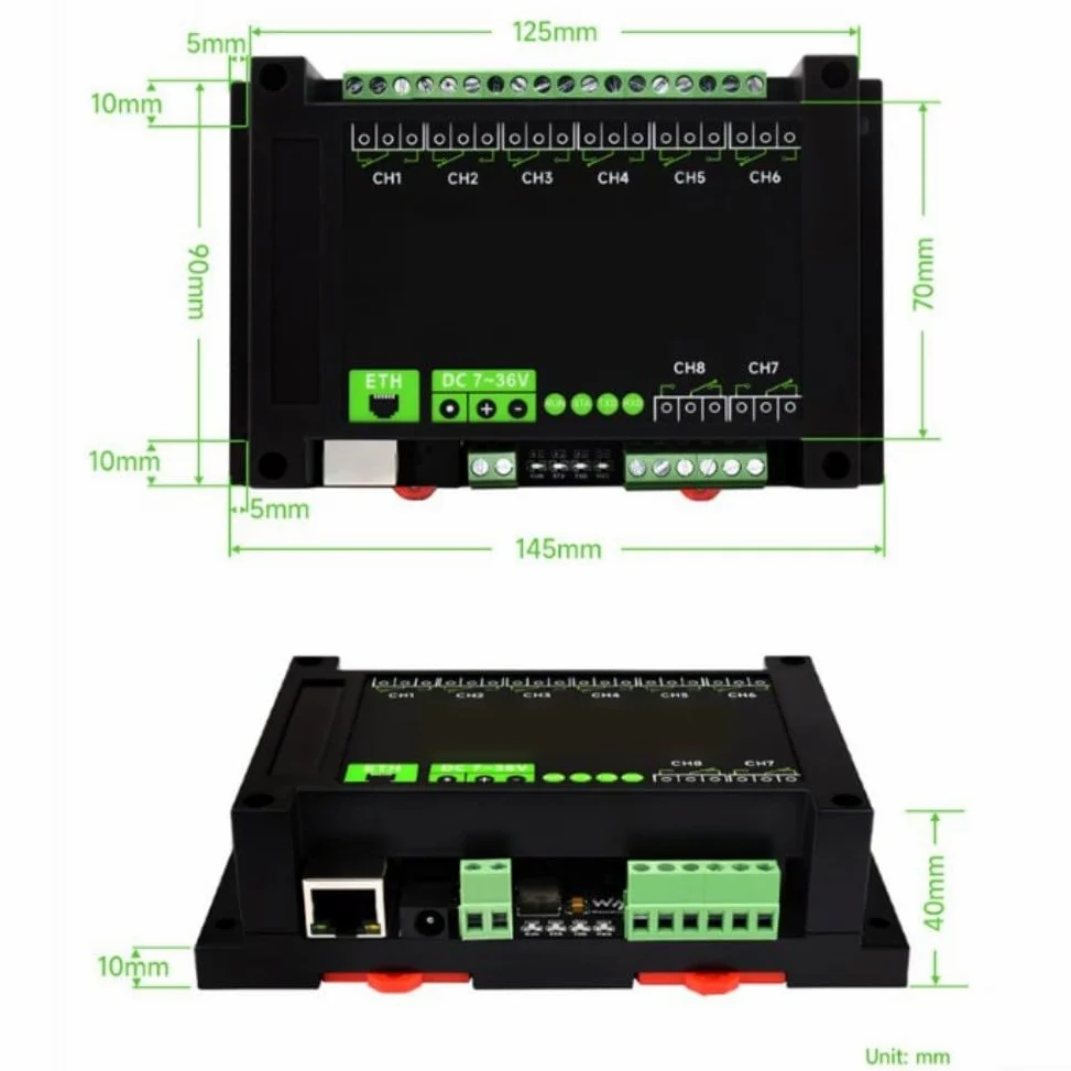 Modulo relè Ethernet a 8 canali con per MODBUS TCP/UDP, per isolamento POE e optoaccoppiatore, 10 A 250 V AC, per guida DIN, automazione industriale, controllo di motori e valvole (B)