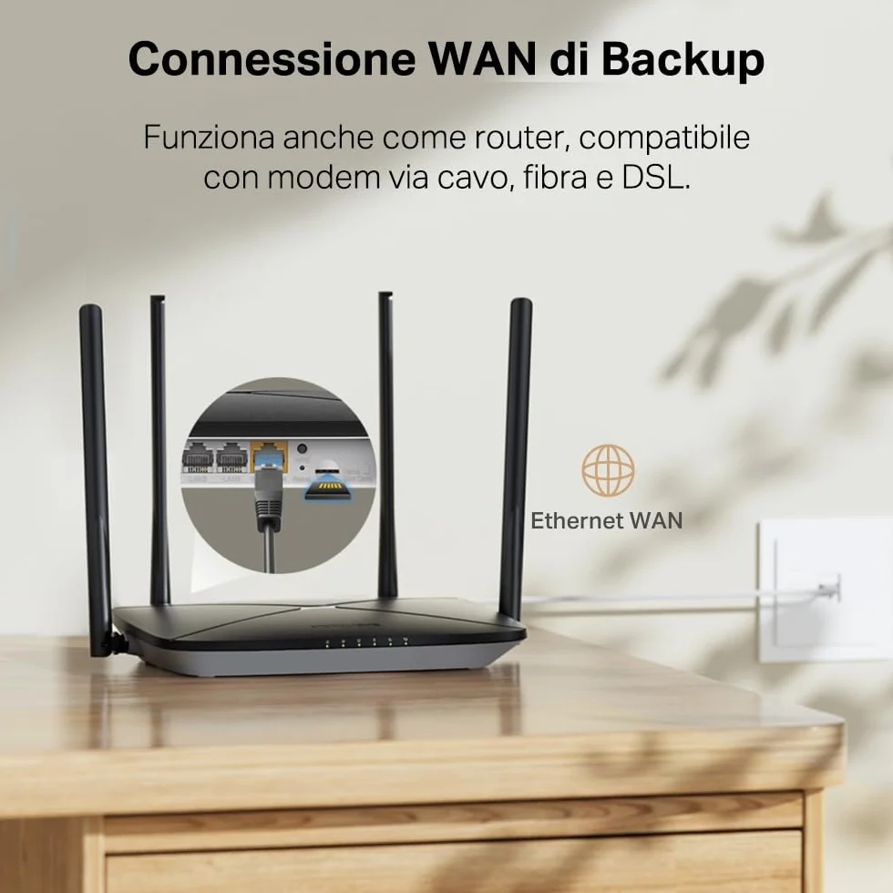 Mercusys MB115-4G Router WiFi con Sim, 4 Antenne Ad Alto Guadagno, 4G LTE Wireless N300Mbps, 3 Porte LAN+1 Porta LAN/WAN, WAN Connection Backup, Parental/LED Control, VPN, SMS, APP, Plug&Play