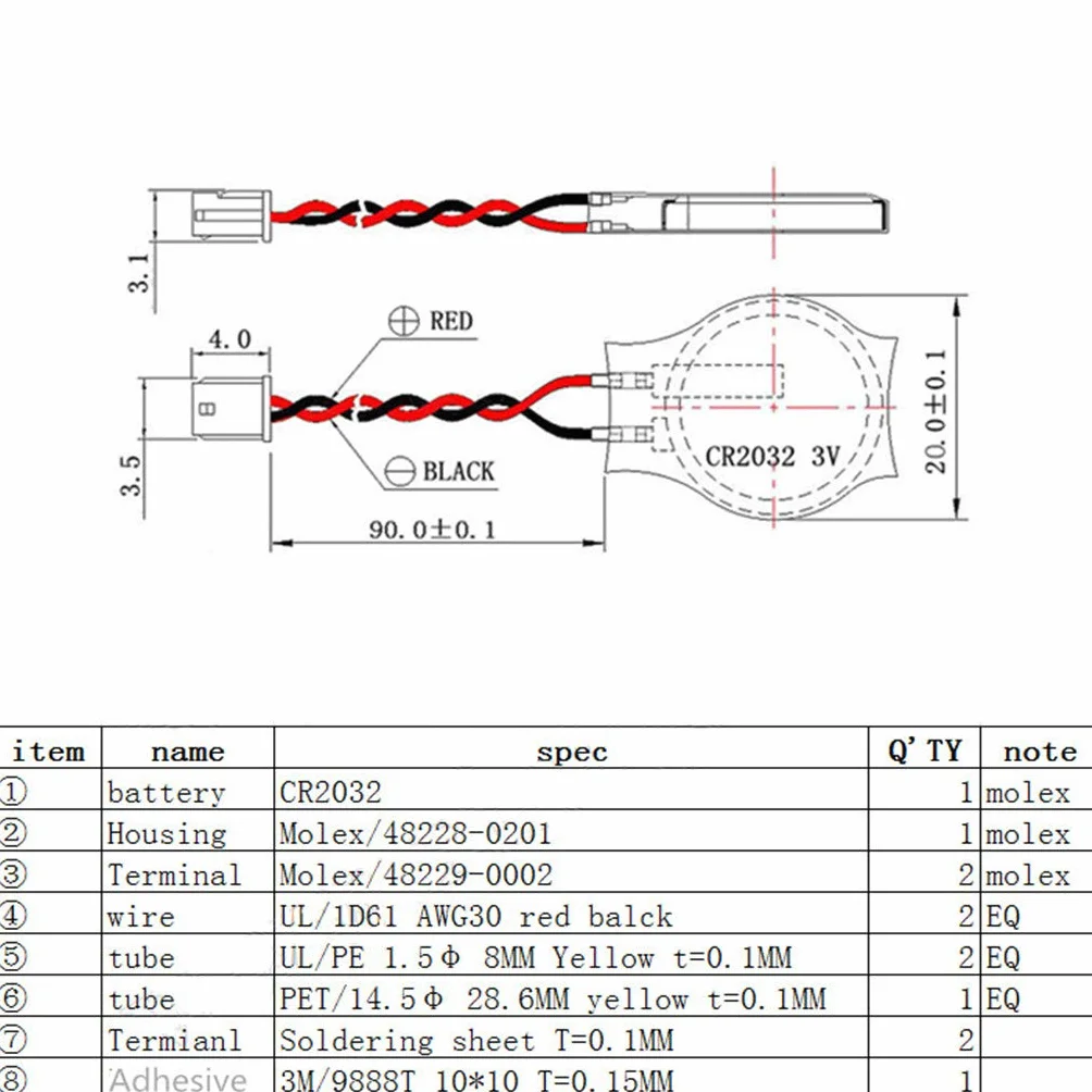 JIACUO 10 Pezzi CR2032 2032 Cavo Batteria 2 Pin -Laptop Scheda Madre BIOS CMOS Batteria con Filo Smontare la Batteria 230 mAh