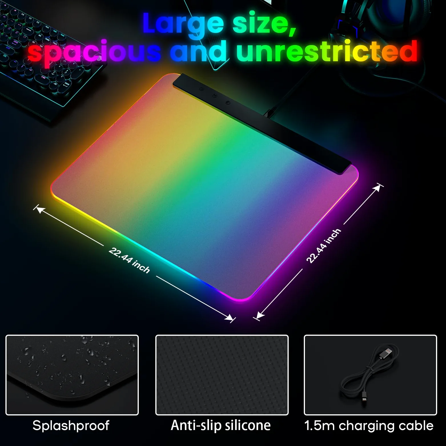 Deeyaple Tappetino per mouse da gioco M6 con illuminazione RGB – Superficie rigida precisa, base in gomma antiscivolo, impermeabile, 16,8 milioni di colori – Facile controllo con 3 pulsanti per PC e