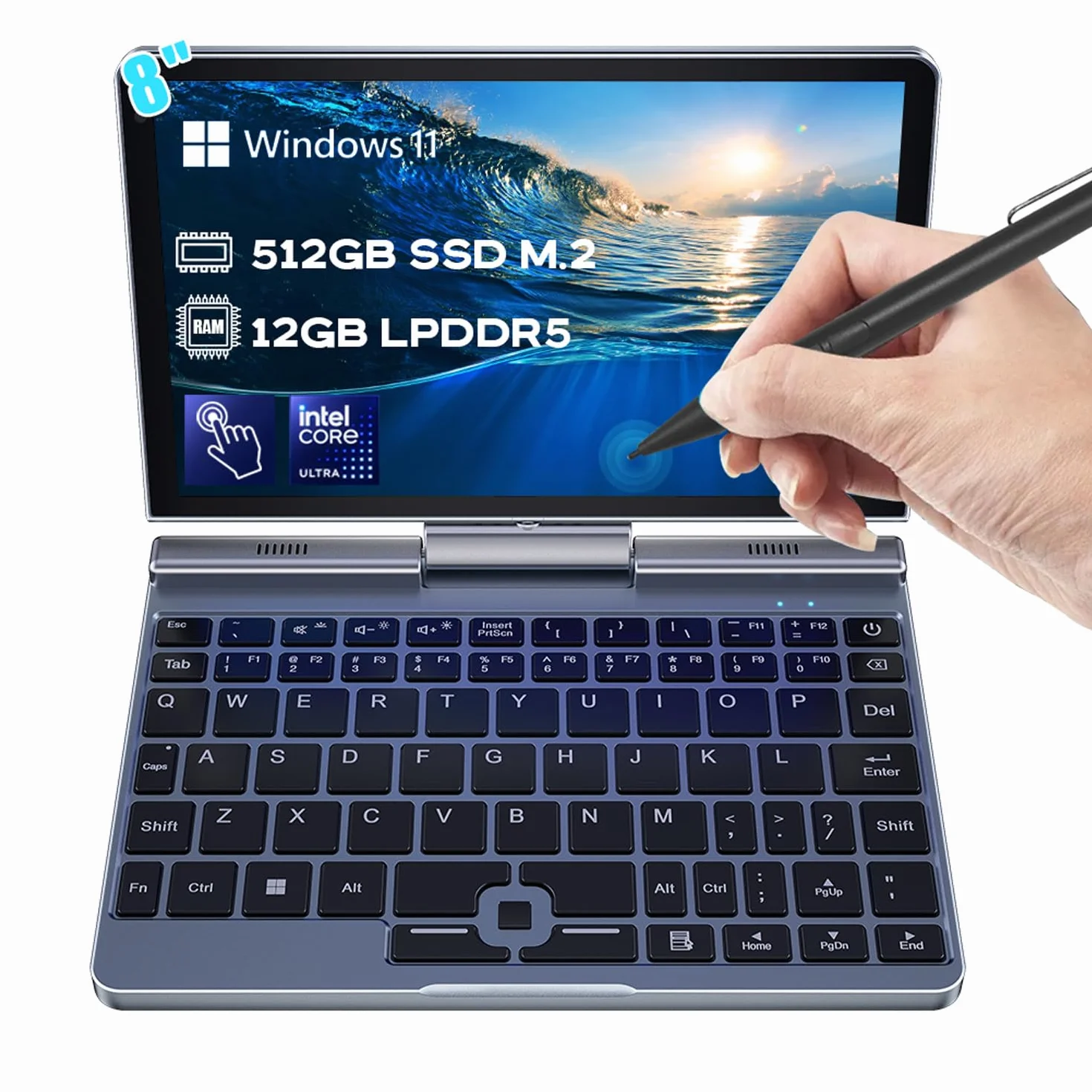 Crelander Mini laptop 2 in 1 | Touchscreen da 8 pollici portatile piccolo computer tascabile | processore Intel 12a generazione N100 | 12 GB DDR5 RAM 512 GB SSD | Ricarica PD 30 W | WiFi6 BT5.2 |