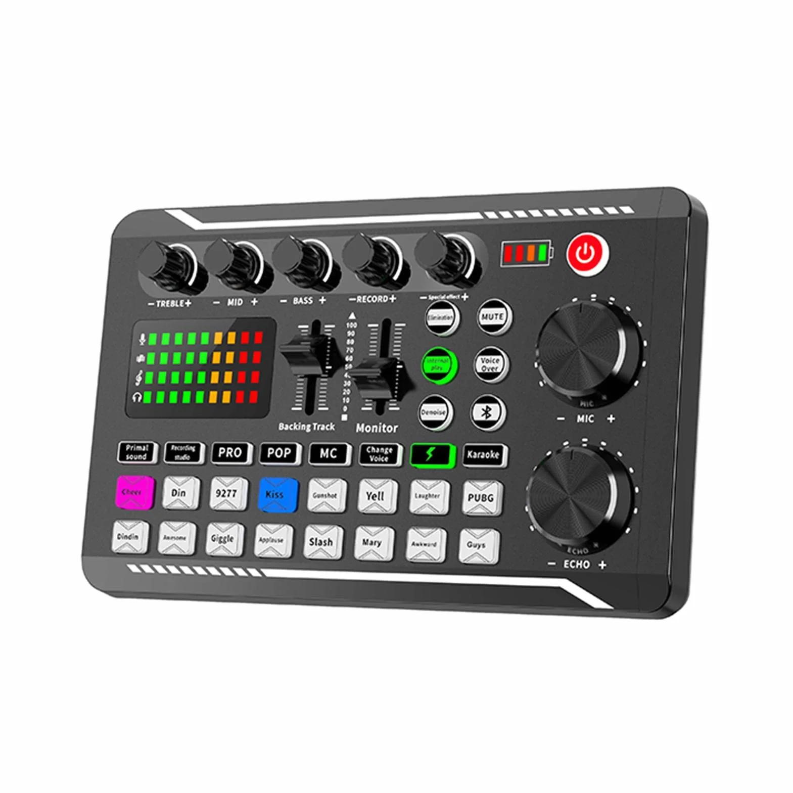 Audio Mixer Card Voice Changer, Audio Mixer DJ Mixer Board Adapter, DJ Equipment Streaming Podcast Scheda audio compatibile Bluetooth per telefono Computer Scheda audio Live con luce LED