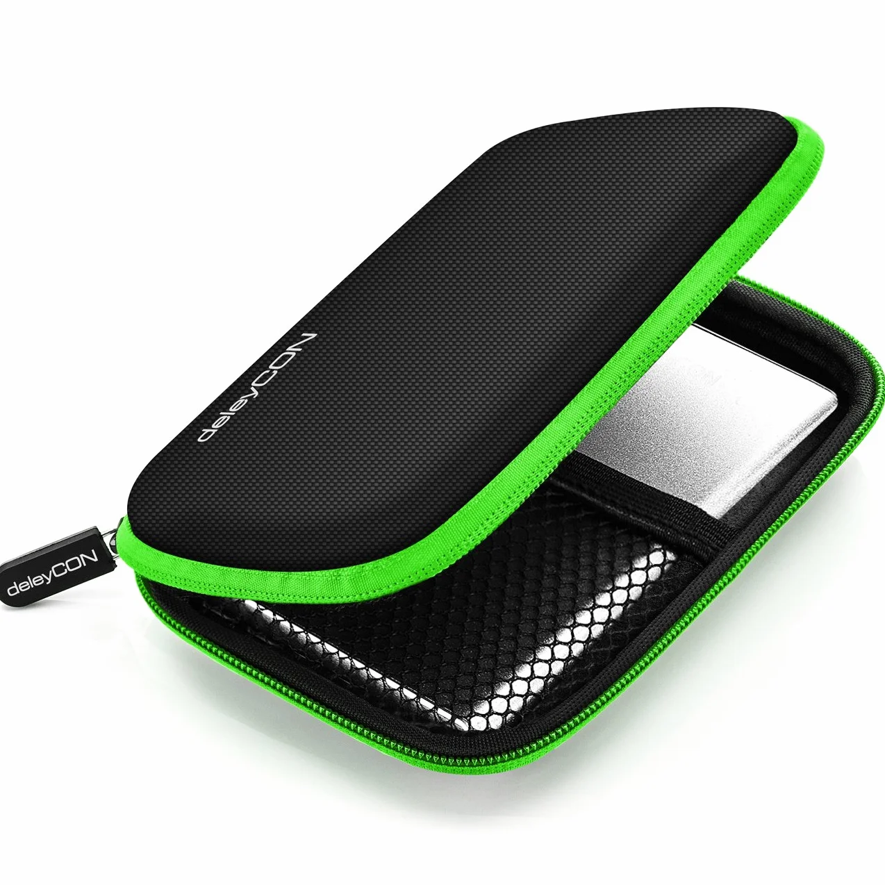 deleyCON Borsa del Disco Rigido Custodia HDD - Per Dischi Rigidi da 2,5" Pollici e SSD - Robusto e Antiurto - 2 Scomparti Interni con Tasche a Rete - Verde