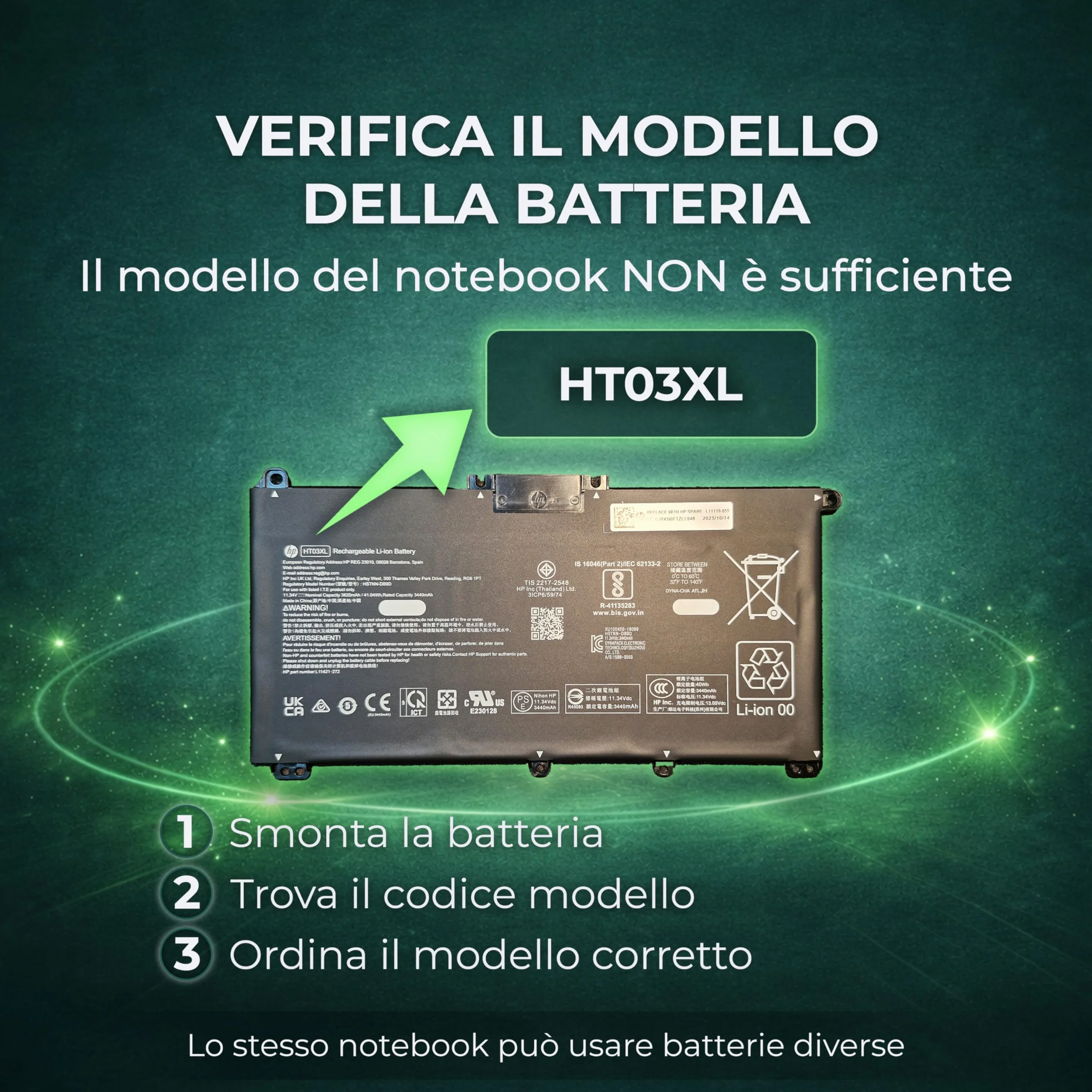 Batteria compatibile con HP HT03XL, HTO3XL Batteria L11119-855 Computer Portatile Compatibile HP 240, 245, 250, 255 G7, con PC Pavilion 14-CD, 14-CE, 14-CF (Capacità: 3600 mAh | 41 Wh)