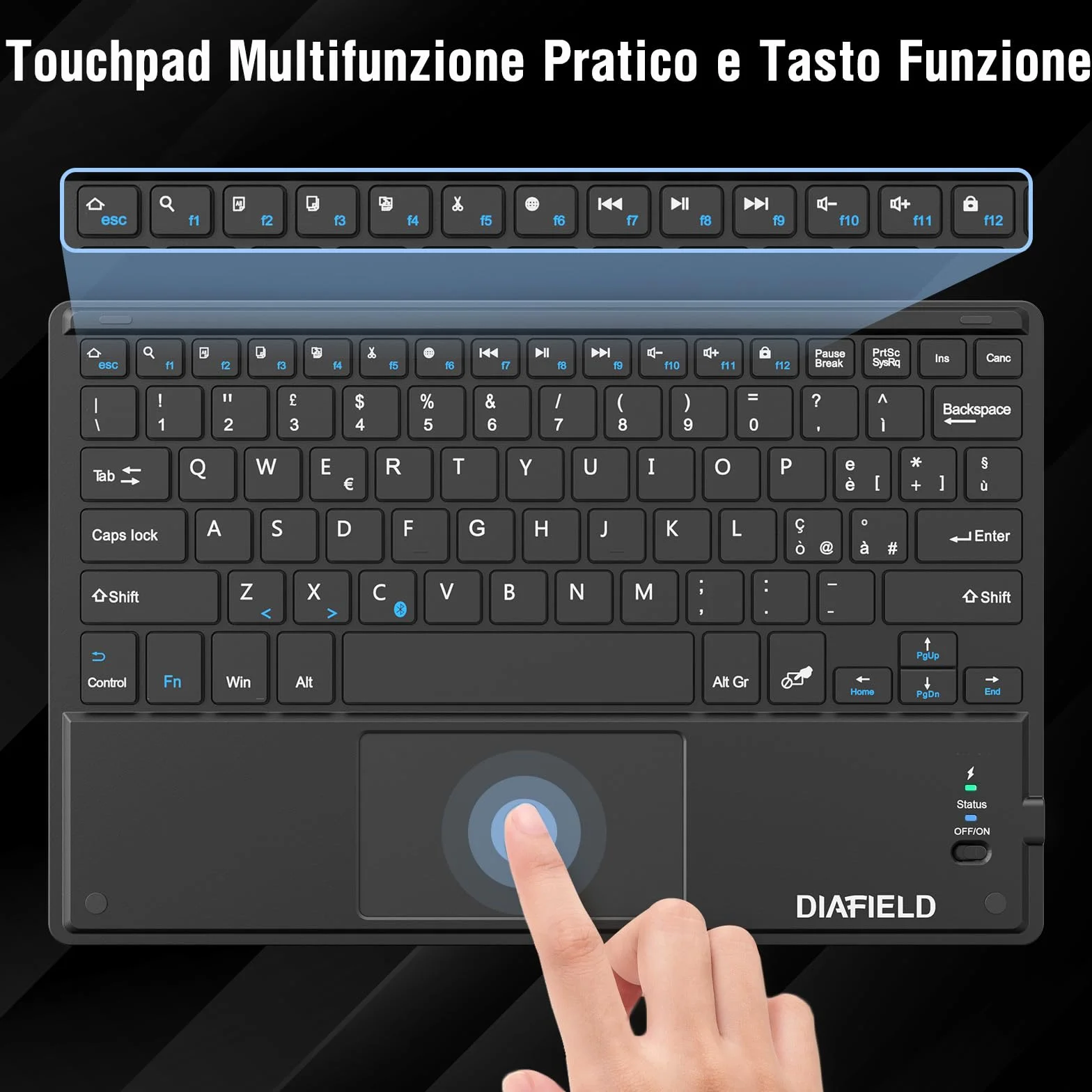 1 BY ONE Diafield Tastiera Bluetooth Wireless Ultra Sottile con Multi Touch Integrato Touch Pad e Batteria Ricaricabile per Android IOS e Windows, Tastiera Wireless, Nera