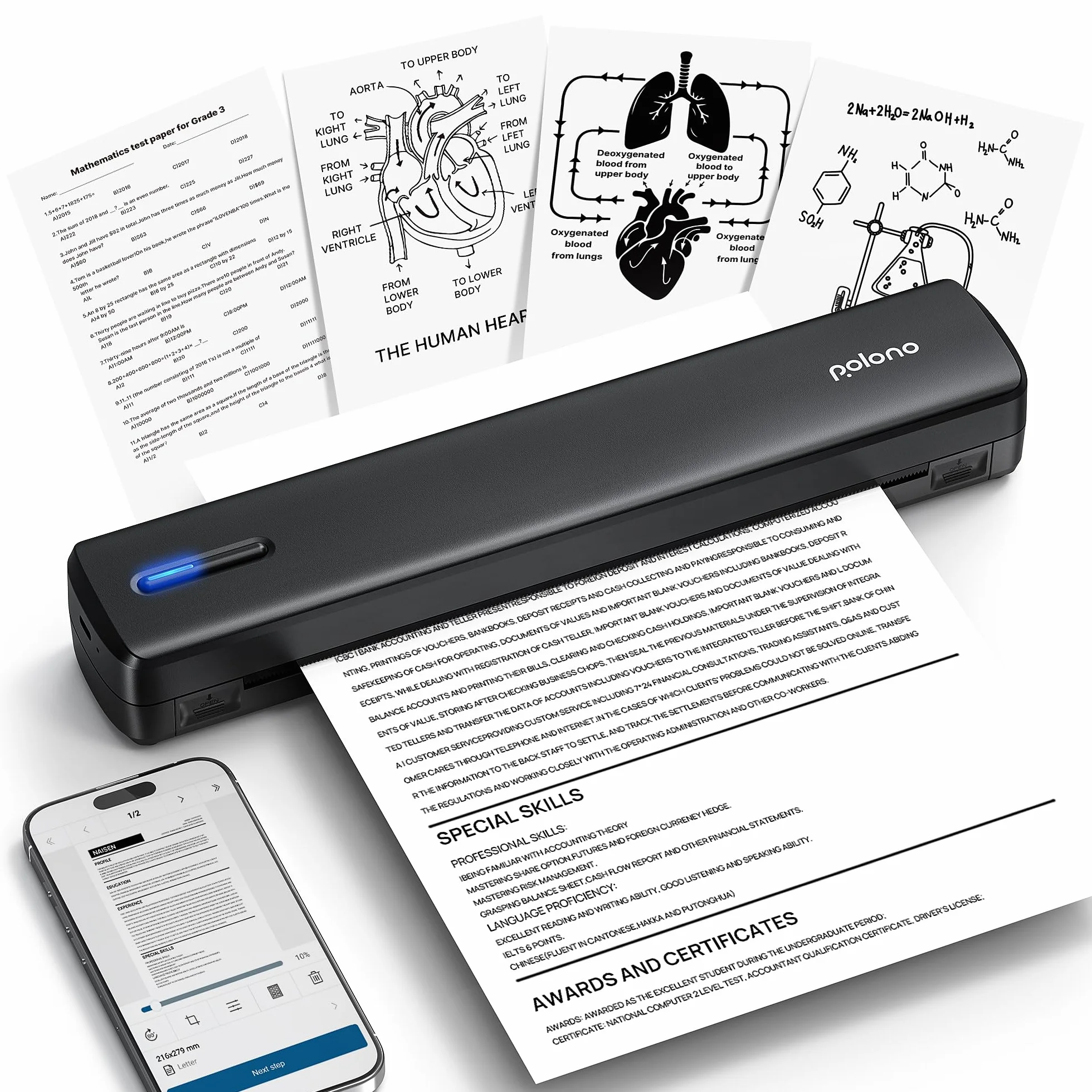 POLONO D810 Stampante Termica Portatile, 8.5x11 US Letter, A4, Senza Inchiostro, iOS Android, Nero