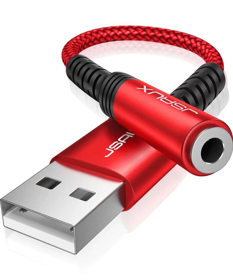 JSAUX Adattatore Audio da USB a Jack 3,5 mm, Scheda Audio Esterna Adattatore USB A a Jack TRRS a 4 poli, Adattatore per Cuffie e Microfono Compatibile con Mac, Linux, PS4, PS5, PC, laptop-rosso