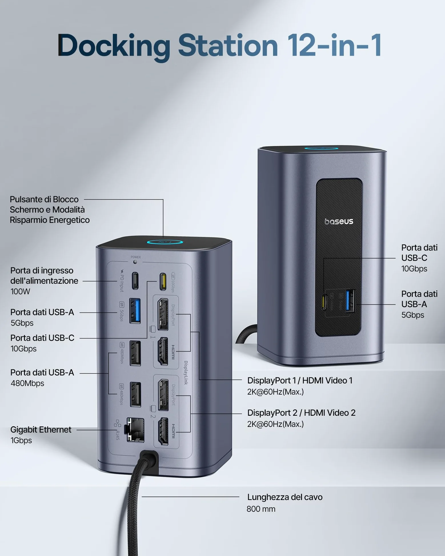 Baseus Nomos Air 12 in 1 Displaylink Docking Station 2 Monitor per macOS | con 2K HDMI/DP, 10Gbps USB-C/A, 100W PD, Gigabit Ethernet, È Richiesta l'Installazione del Driver DisplayLink
