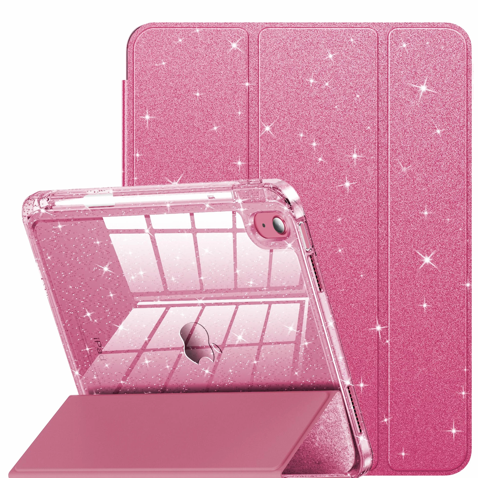 INFILAND Custodia iPad 11 Generazione A16 11 Pollici 2025, iPad 10 Generazione 10,9 Pollici 2022, Glitterata Retro Trasparente Brillante Portapenne Rosa
