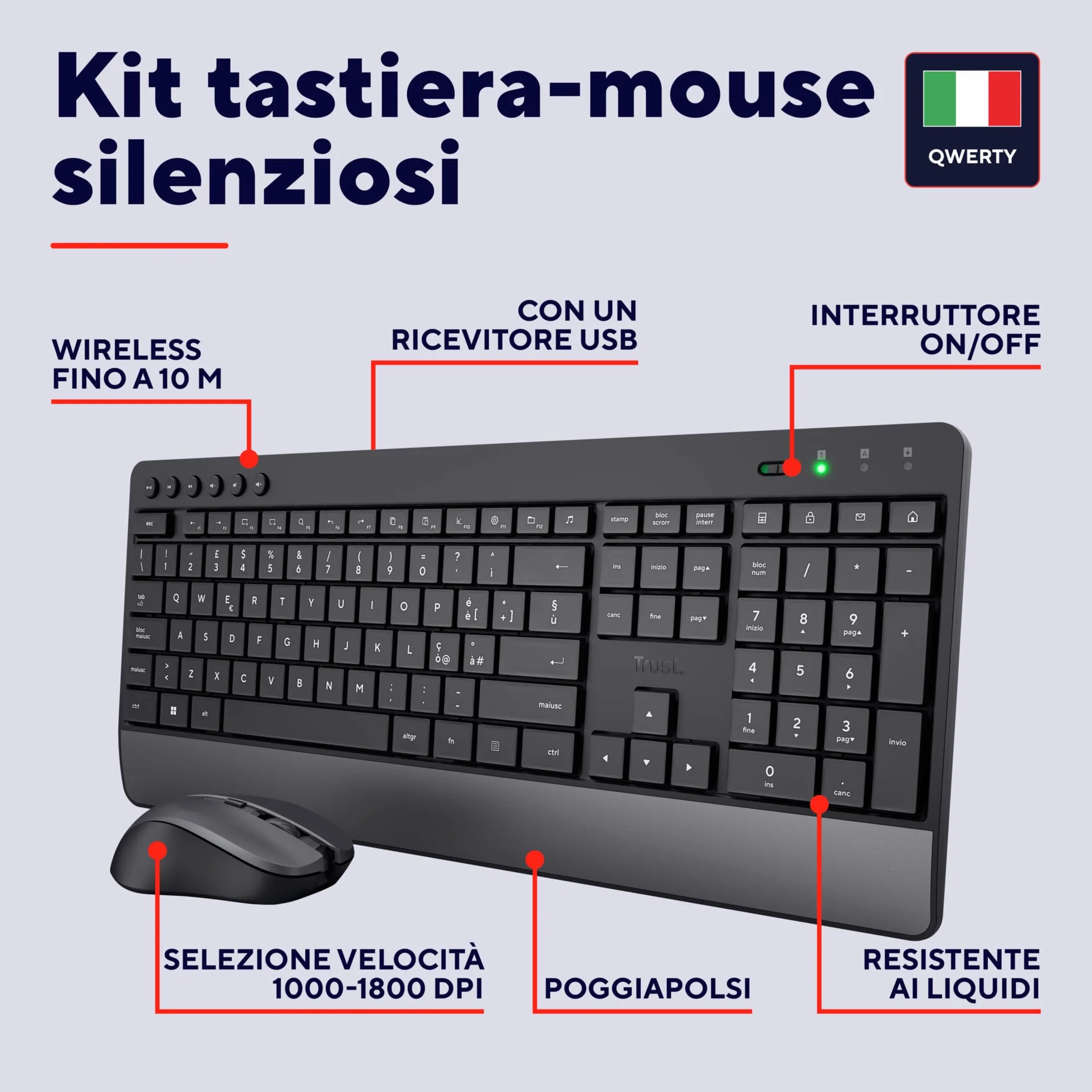 Trust Trezo Tastiera e Mouse Wireless, Layout Italiano QWERTY, Design Sostenibile, Combo Silenzioso e Ergonomico, Durata Batteria 48 Mesi, 2.4 GHz, Ricevitore USB, Resistenza ai Liquidi, PC, Laptop
