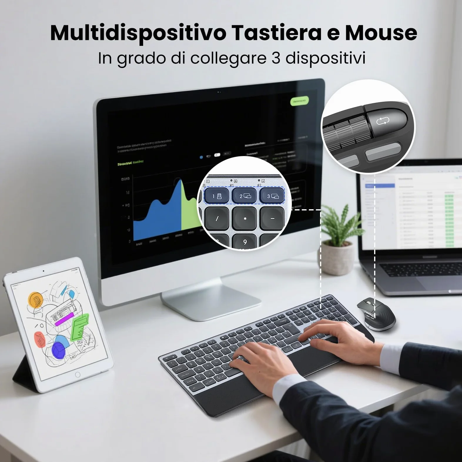 CITLLA Tastiera e Mouse Wireless Combo Tastiera Bluetooth Multidispositivo con Poggiapolsi, Tastiera Ricaricabile Retroilluminata, Mouse Silenzioso Ergonomico per Computer Desktop PC Portatile