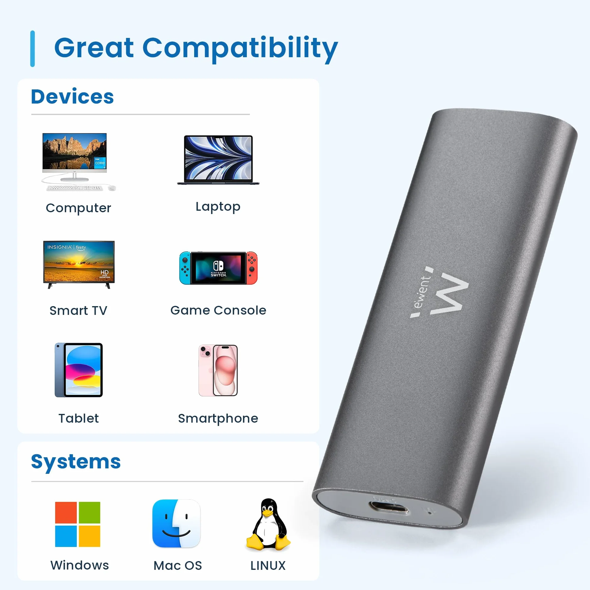 Ewent Box Esterno USB 3.2 Gen2 per SSD M.2 NVMe PCIe – Custodia Case Hard Disk in Alluminio, supporta Key M 2230-2280, velocità fino a 10 Gbps, senza viti, compatibile USB-C / A, UASP & TRIM