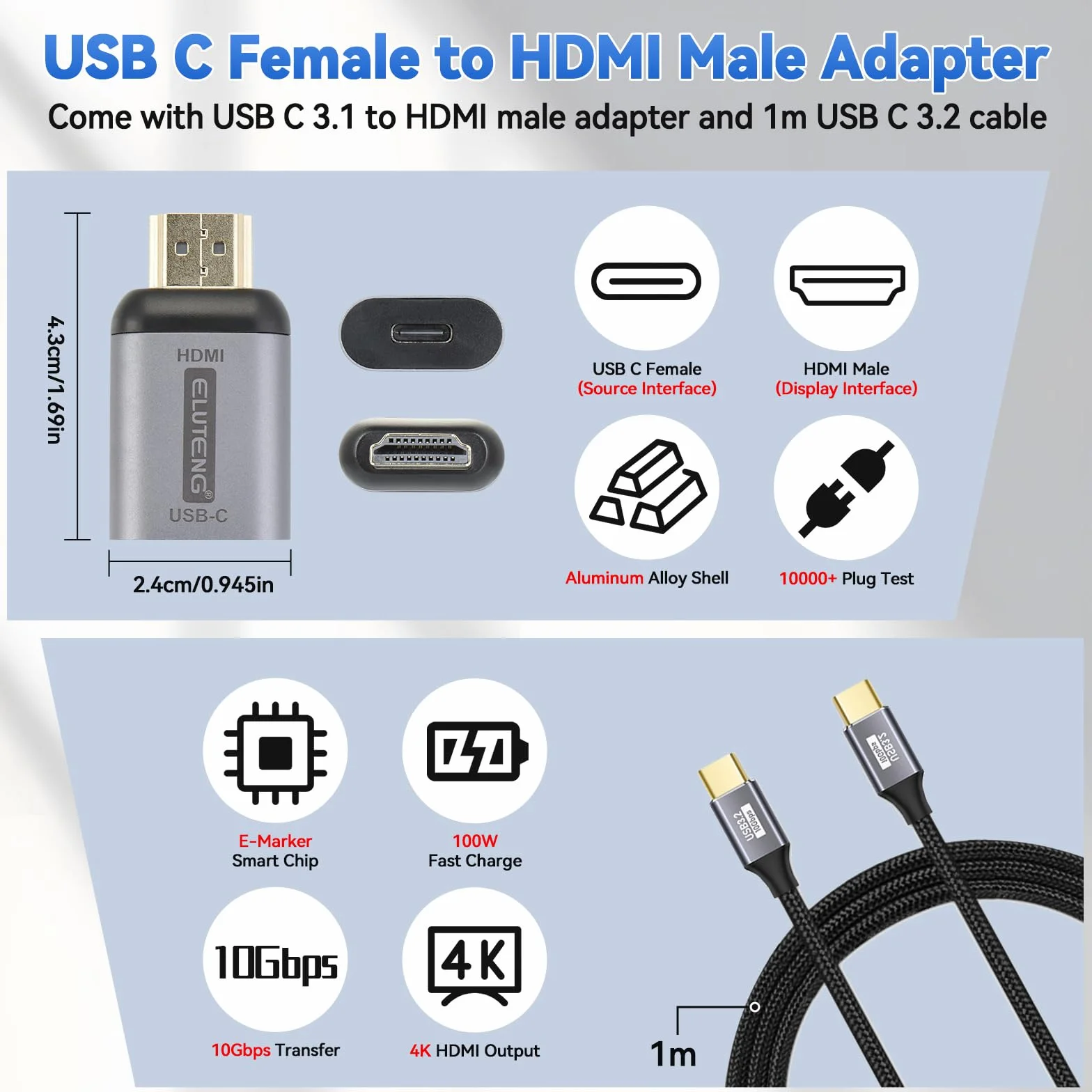 ELUTENG Adattatore USB C a HDMI 4K con Cavo Video USB C 3.2, HDMI USB C Adapter Alluminio con Thunderbolt 3/4 per iPhone 16/15 Pro/Max MacBook iPad Pro/Air Surface Book 2 XPS Galaxy