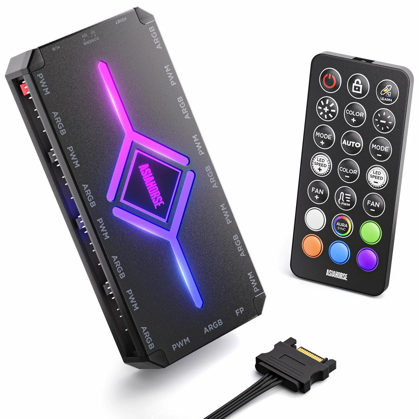 AsiaHorse ASH-1 Hub Per Ventole PC ARGB PWM Con Controller [20 Effetti ARGB] [Modalità Apprendimento Colore Unica] 9 Porte PWM 4-Pin & 9 Porte RGB 5V 3-Pin, Alimentazione SATA, Sync RGB
