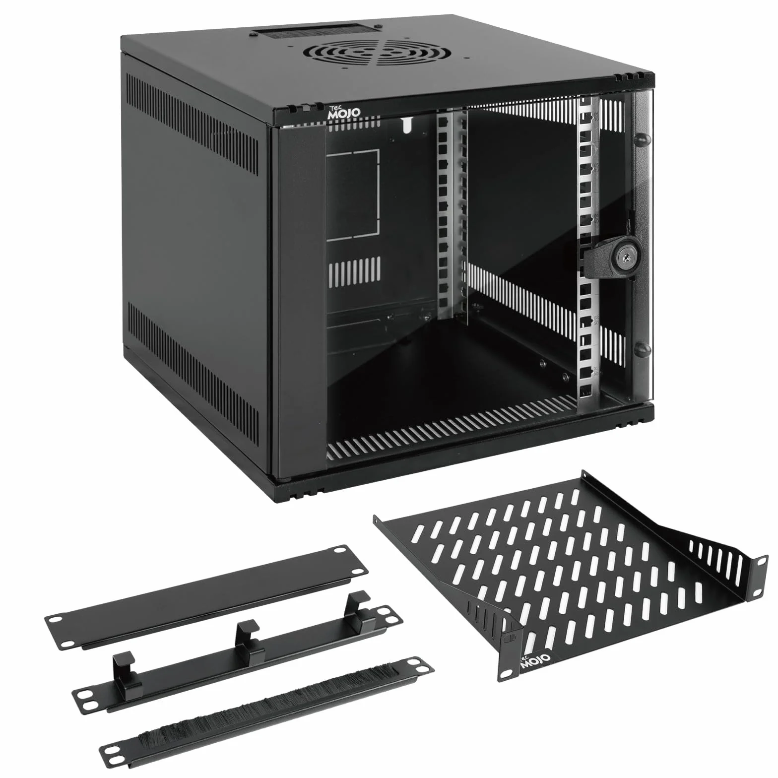 Tecmojo Armadio di Rete 10 Pollici 6U Montaggio a Parete Profondità 330mm Ripiano Rack Griglie Spazzole Portata 50kg Nero Porta Vetro