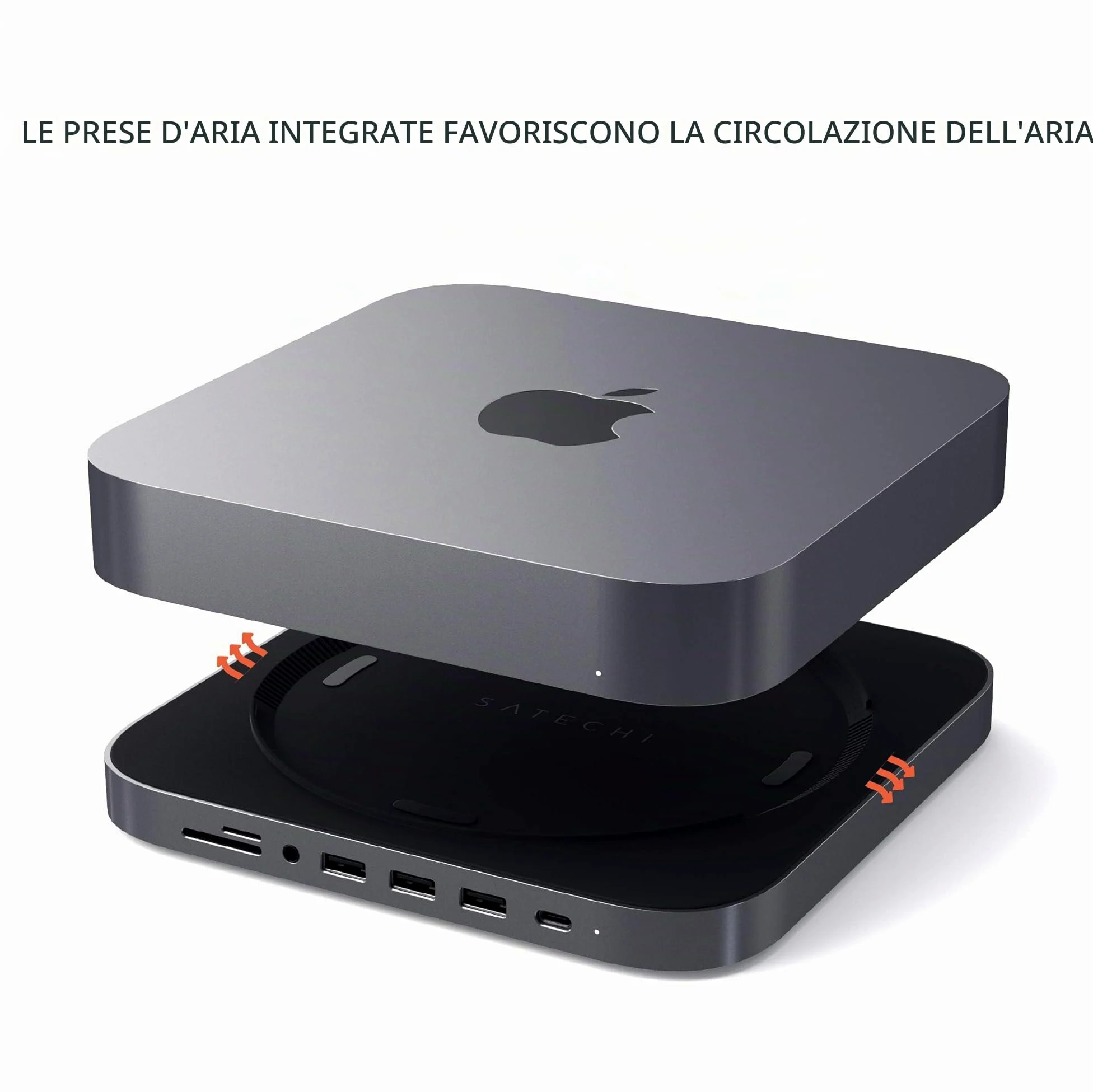 SATECHI Hub USB C e Supporto 7 in 1 per Mac Mini M2/M1 con 3x Porte USB-A e 1x USB-C a 5 Gbps, Lettori Micro/SD, USB 3.0 e Porta Audio 3,5 mm (Non Compatibile con Mac Mini M4) Grigio Siderale