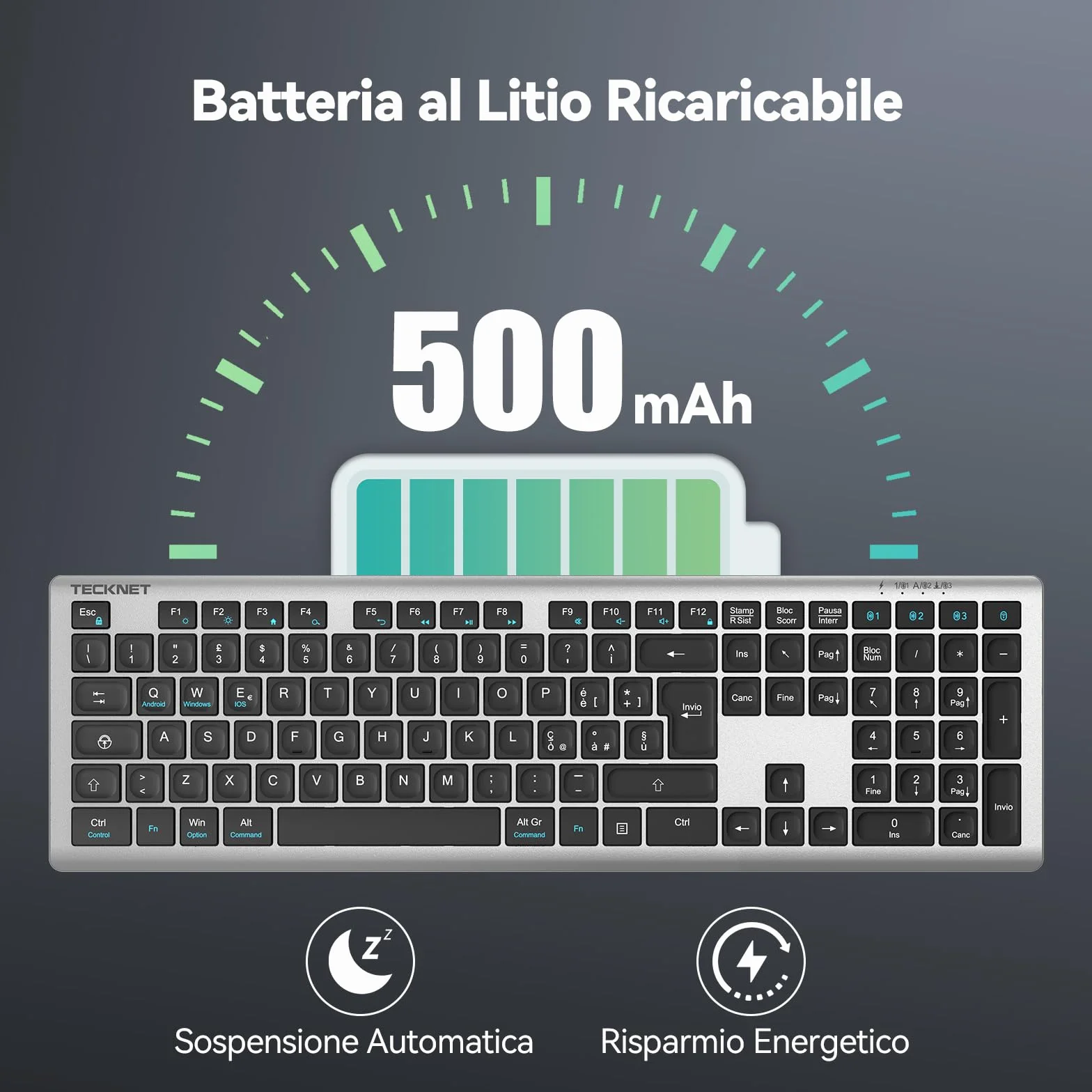 TECKNET Bluetooth Tastiera Wireless, 4 Commutazione Dispositivo(2.4G+BT), USB C Ricaricabile, Full-Size Ultra Sottile Tastiera Senza Fili per PC/Tablet/Windows/MacOS, Layout Italiano QWERTY