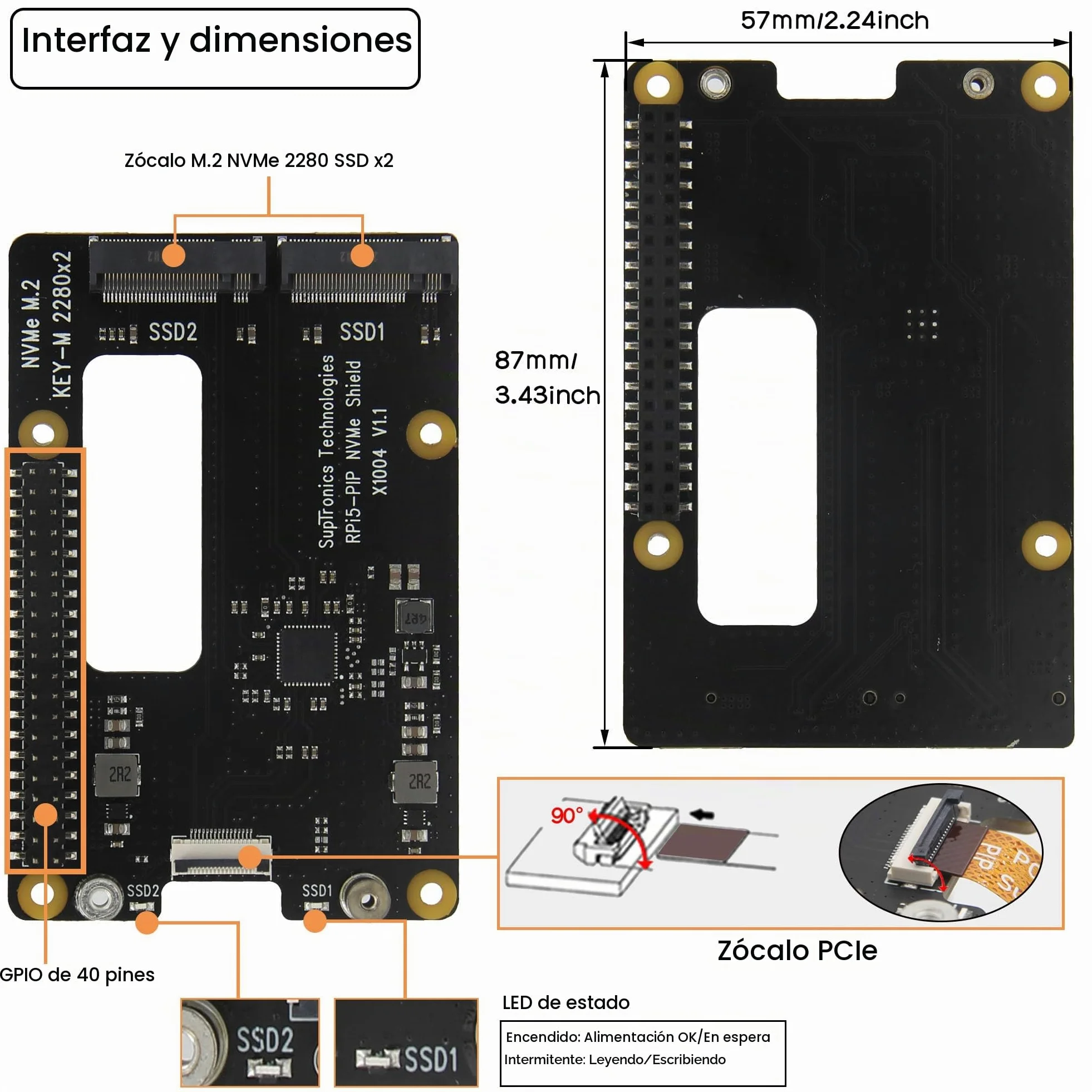 Geekworm X1004 PCIe to Dual M2 NVMe SSD 2280 Shield with Case & Power Adapter for Raspberry Pi 5