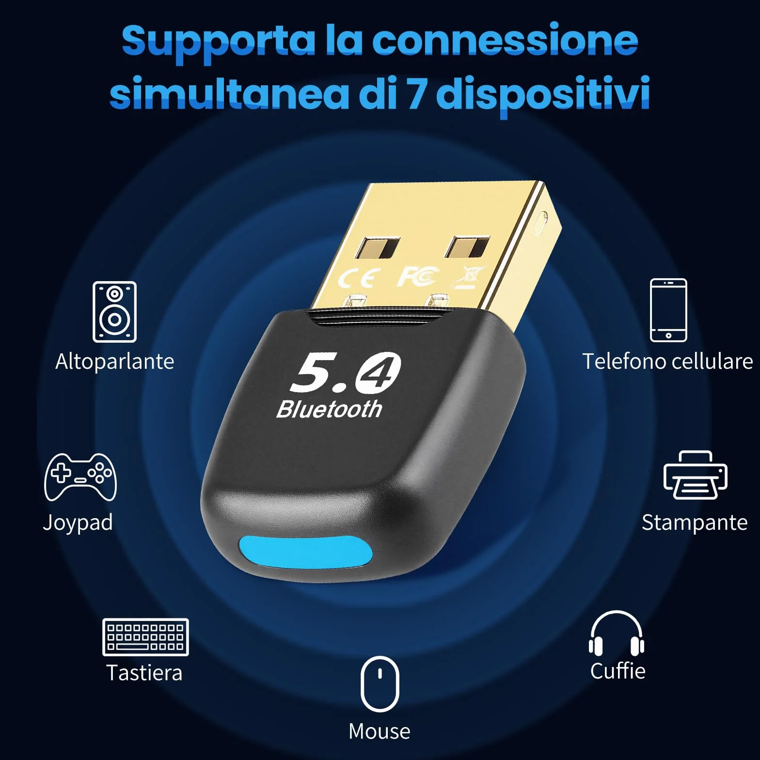 Adattatore Bluetooth 5.4 USB per PC, ricevitore Bluetooth Dongle a bassa latenza, Plug & Play, compatibile con Windows 7/8.1/10/11, computer desktop e laptop, mouse, tastiera, cuffie