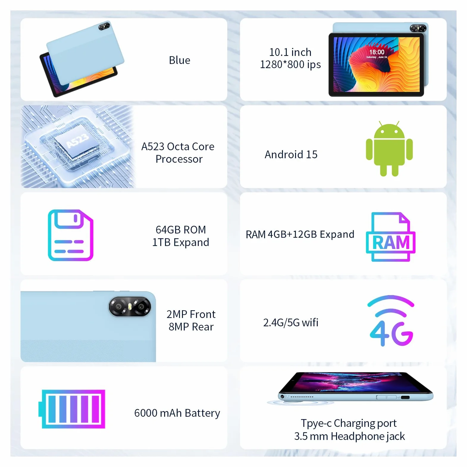 PRITOM Tablet da 10 Pollici, Tablet 6-in-1, 16 GB, 64 GB ROM, Android 15, Espandibile fino a 1024 GB, Quad Core, WiFi 6, 6000 mAh, Tablet PC con Tastiera, Mouse, Custodia, Grigio