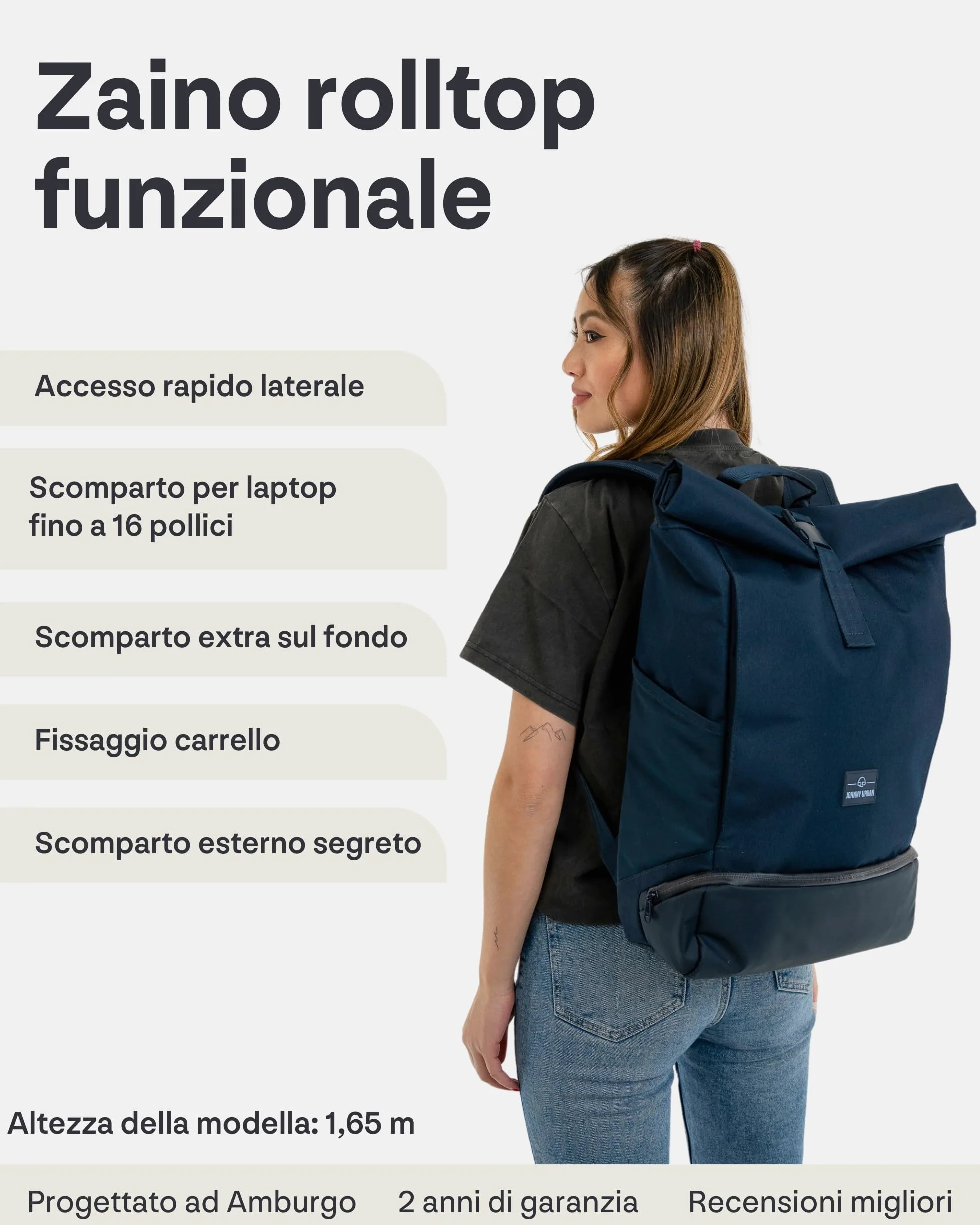 Johnny Urban Zaino Donna e Uomo - Allen Large - Rolltop Zainetta per Scuola, Università, Viaggio - Scomparto per Laptop da 16 pollici - Idrorepellente
