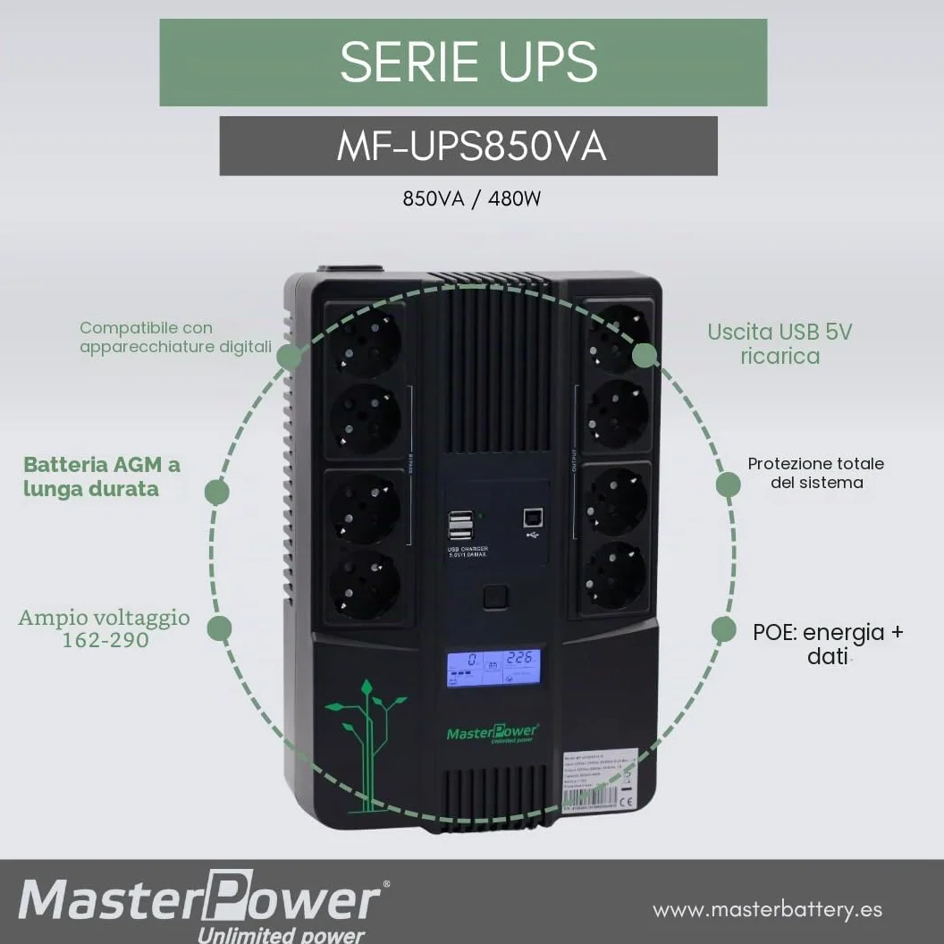 Master U-Power UPS 850VA (480W) Offline – Gruppo di Continuità con Display LCD, 8 Prese Schuko, USB e RJ45 – Protezione Elettrica per PC e Rete