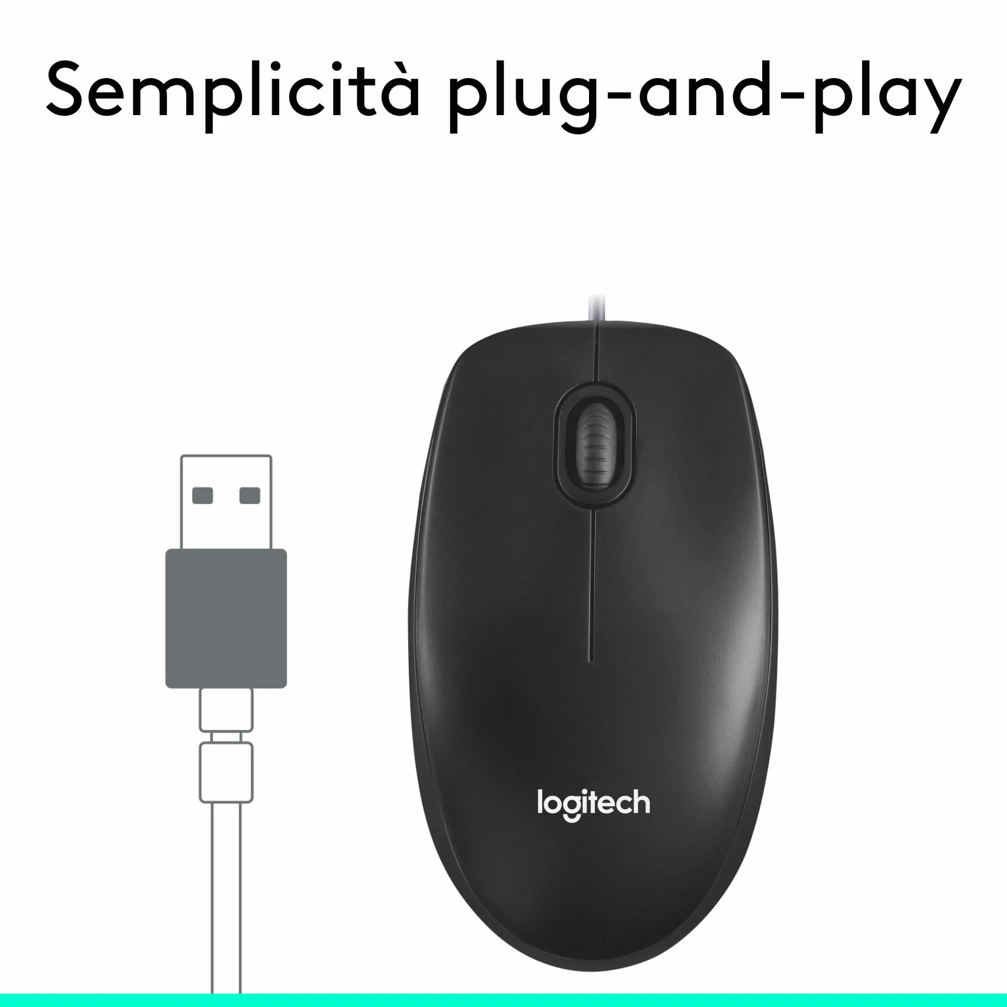 Logitech M100 Mouse USB con Cavo, 3 Pulsanti, Tracciamento Ottico 1000 DPI, Ambidestro, Compatibile con PC, Mac, Laptop, Nero