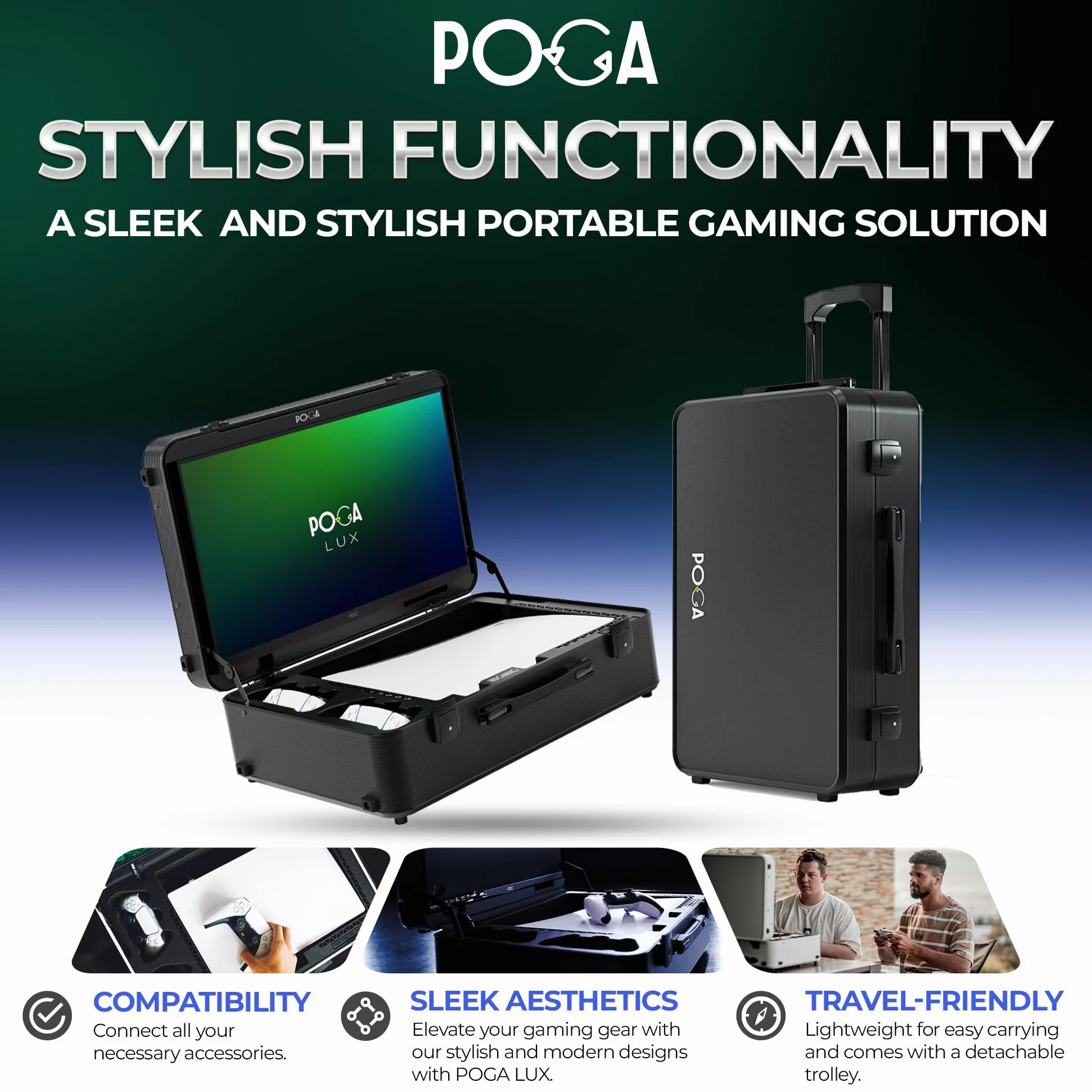 POGA LUX White Valigia da Gaming (compatibile con Playstation 5) inclusi trolley e monitor da gaming AOC da 24'' - Bianco (V2 - altoparlante Bluetooth opzionale), bianco
